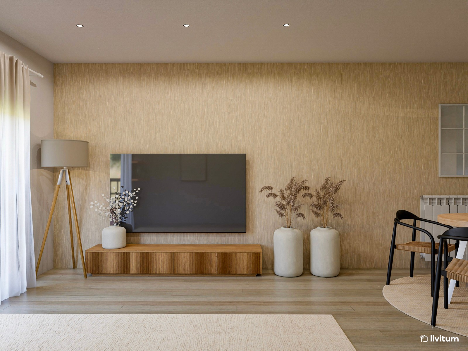 Moderno salón comedor en tonos tierra y detalles en negro