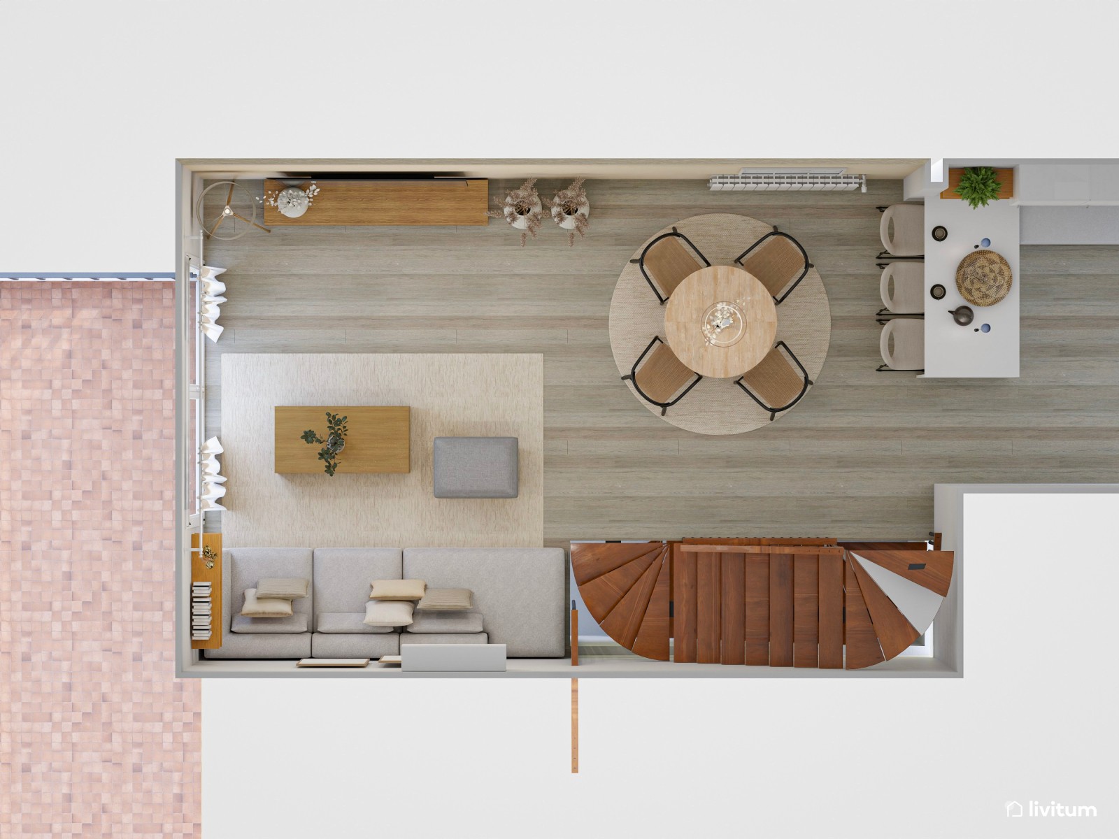 Moderno salón comedor en tonos tierra y detalles en negro