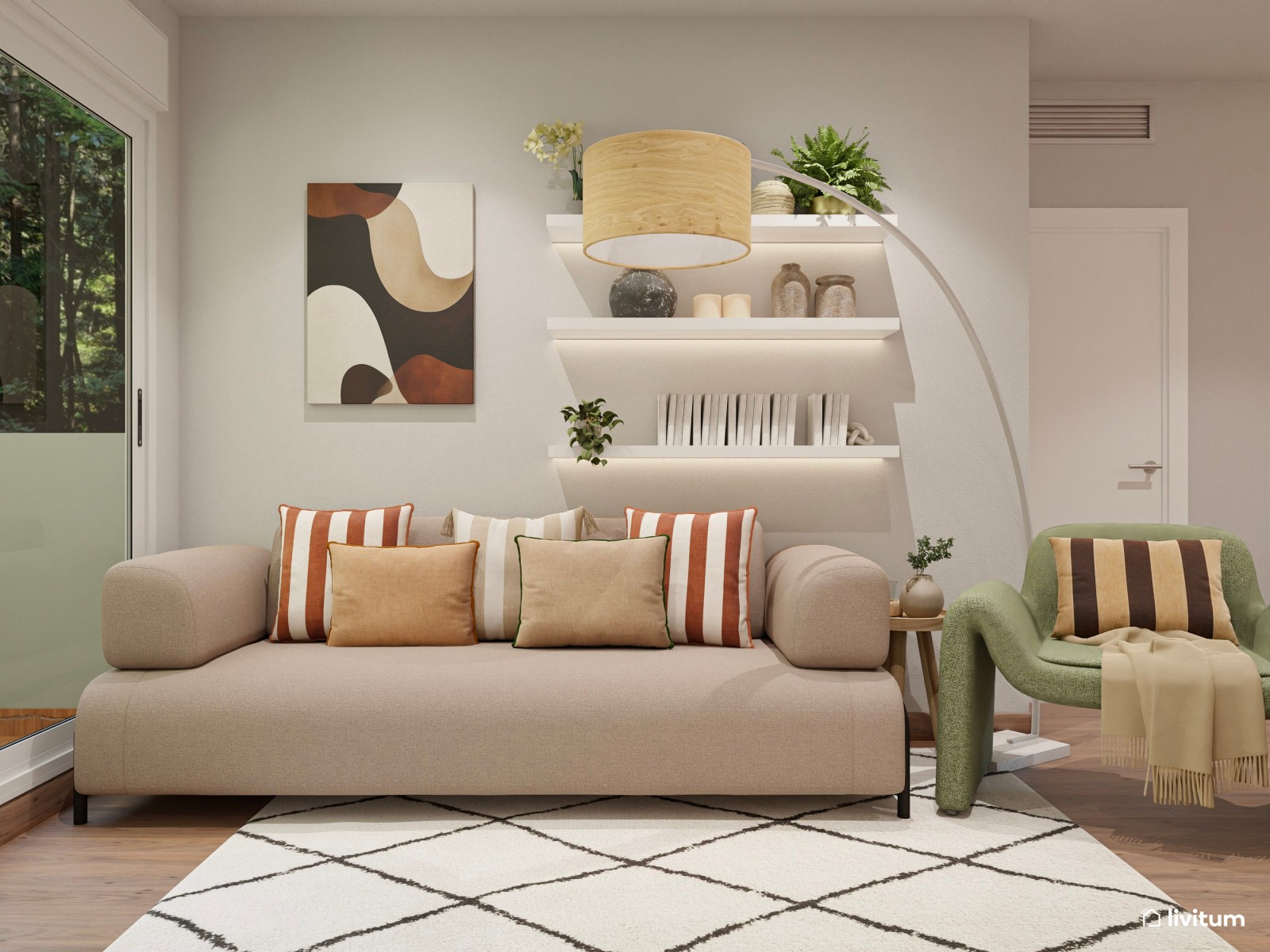 Moderno salón comedor, estrecho y alargado, con zona de escritorio