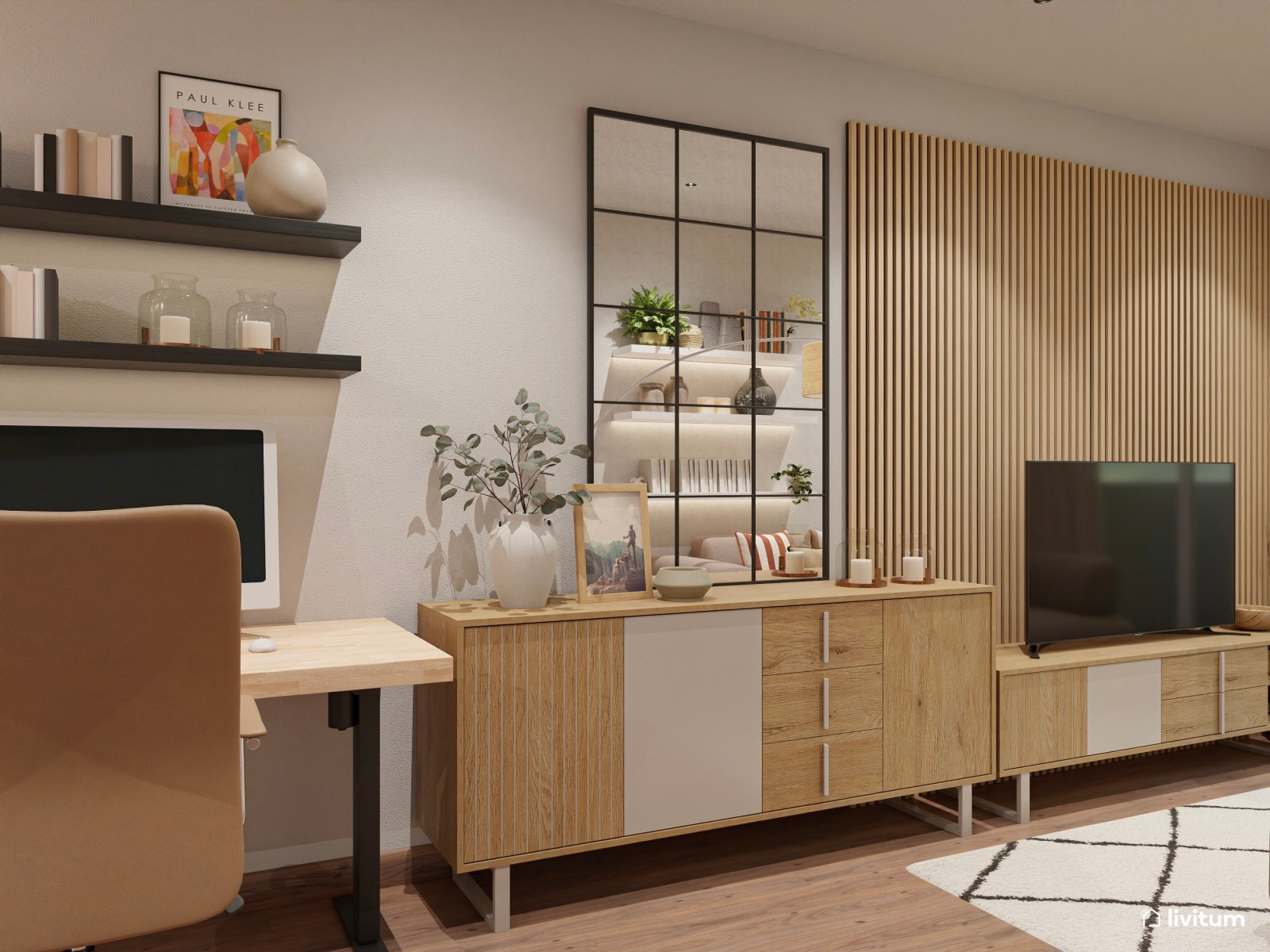 Moderno salón comedor, estrecho y alargado, con zona de escritorio