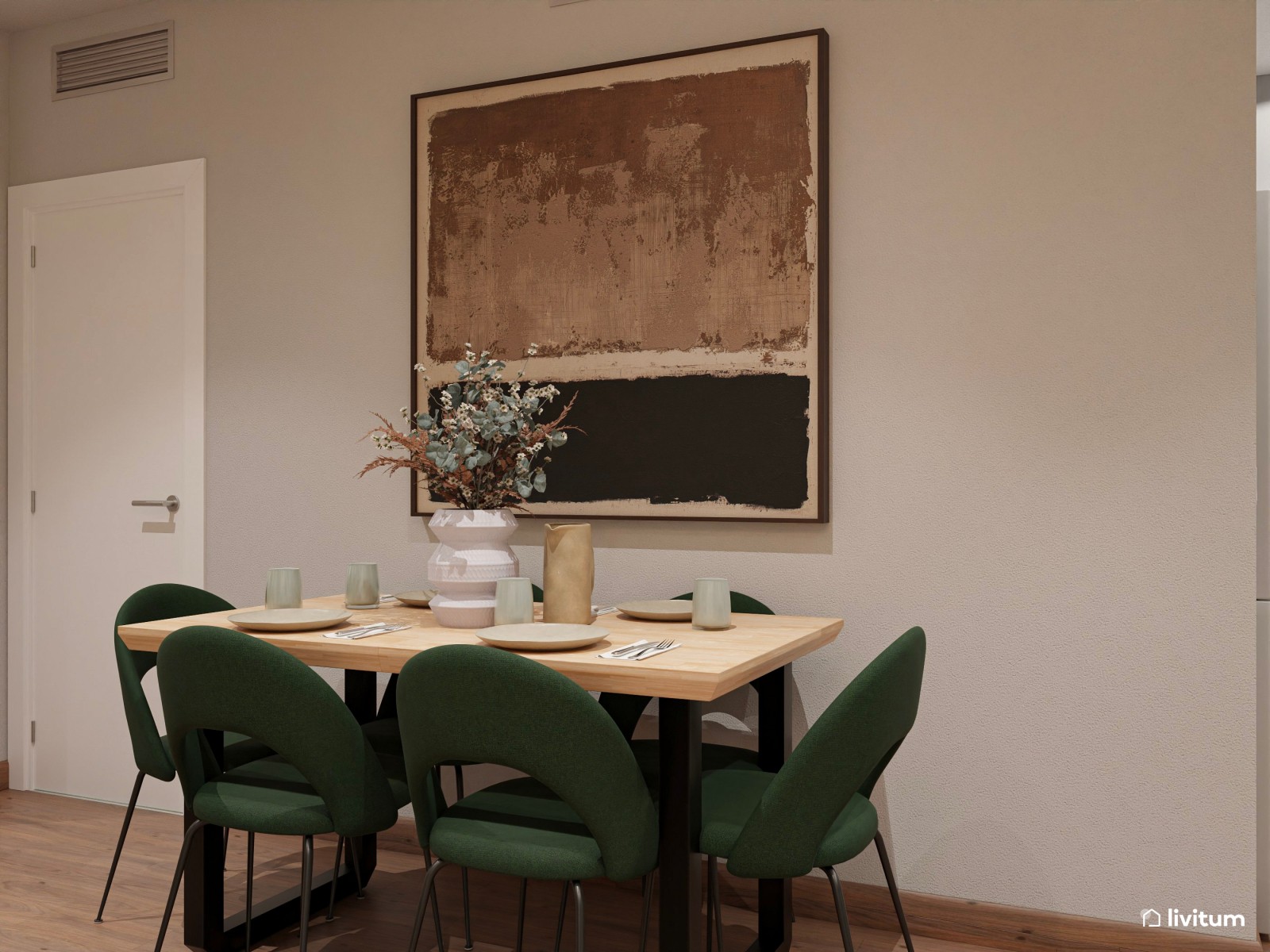 Moderno salón comedor, estrecho y alargado, con zona de escritorio