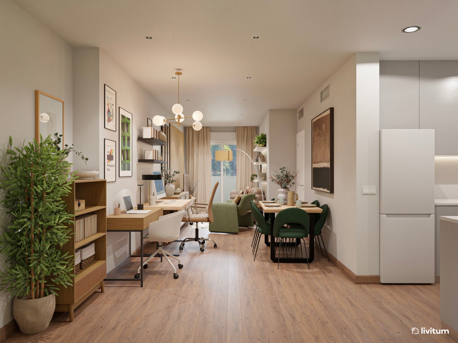 Moderno salón comedor, estrecho y alargado, con zona de escritorio