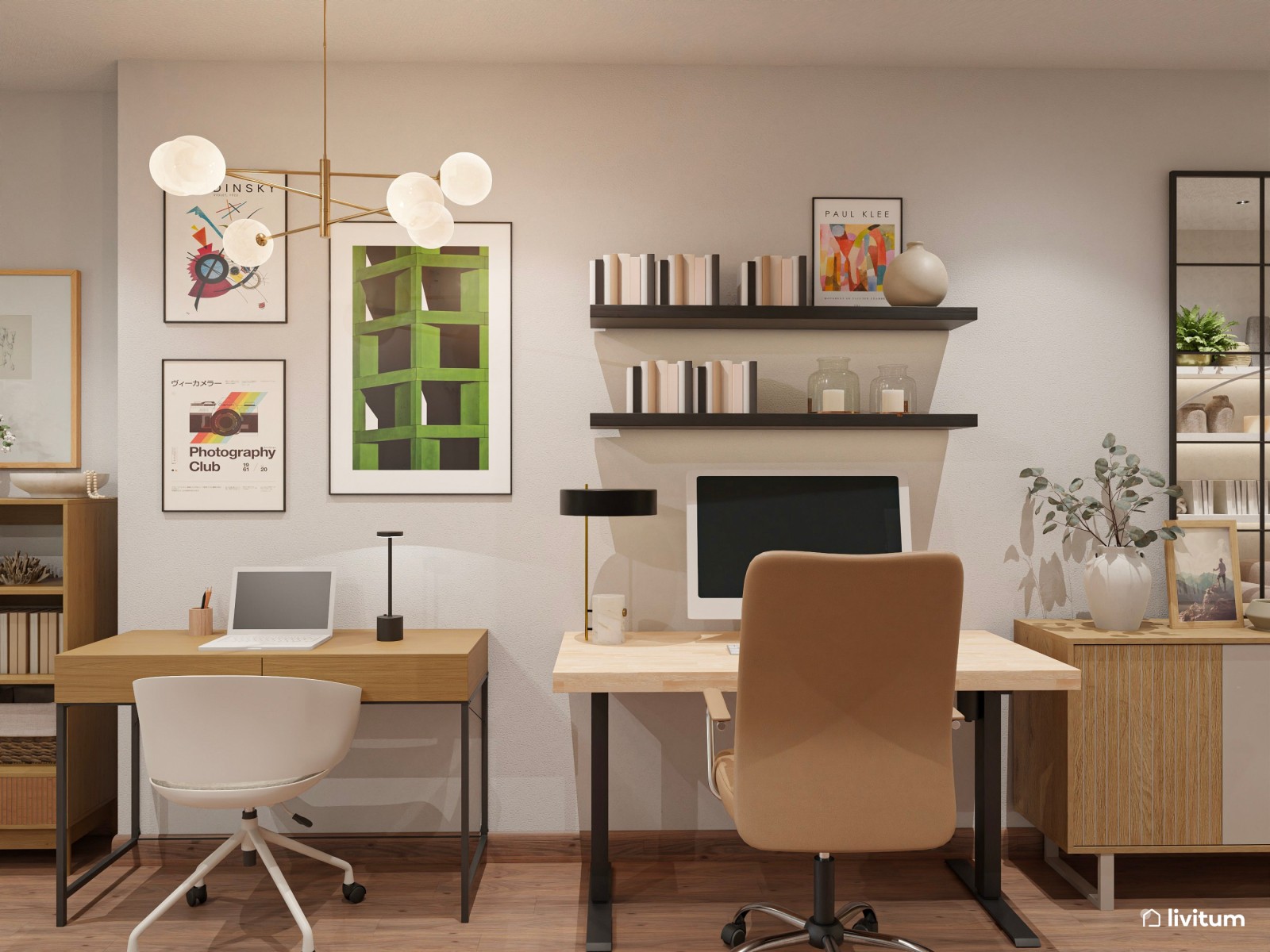 Moderno salón comedor, estrecho y alargado, con zona de escritorio