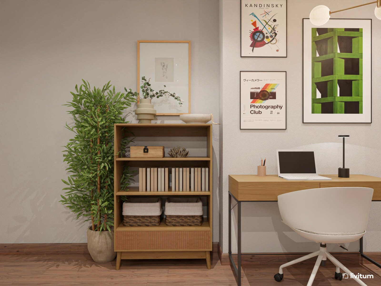 Moderno salón comedor, estrecho y alargado, con zona de escritorio