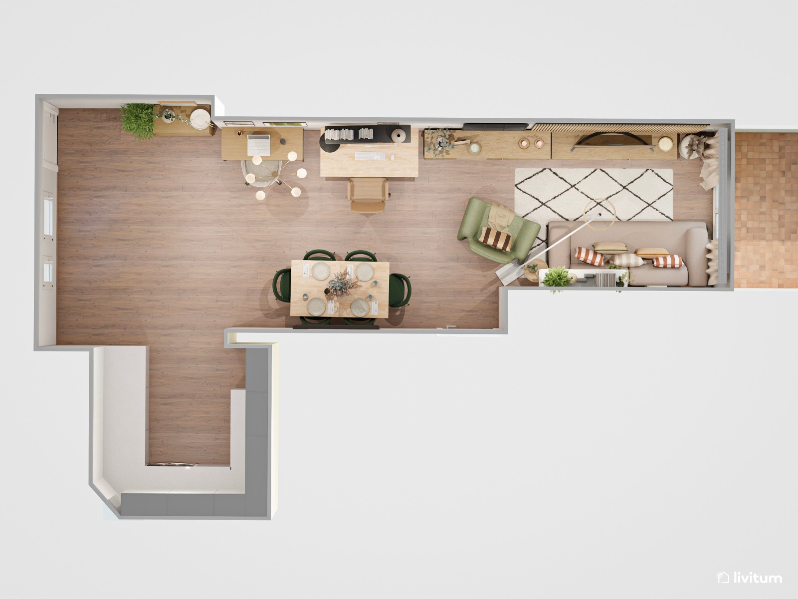 Moderno salón comedor, estrecho y alargado, con zona de escritorio