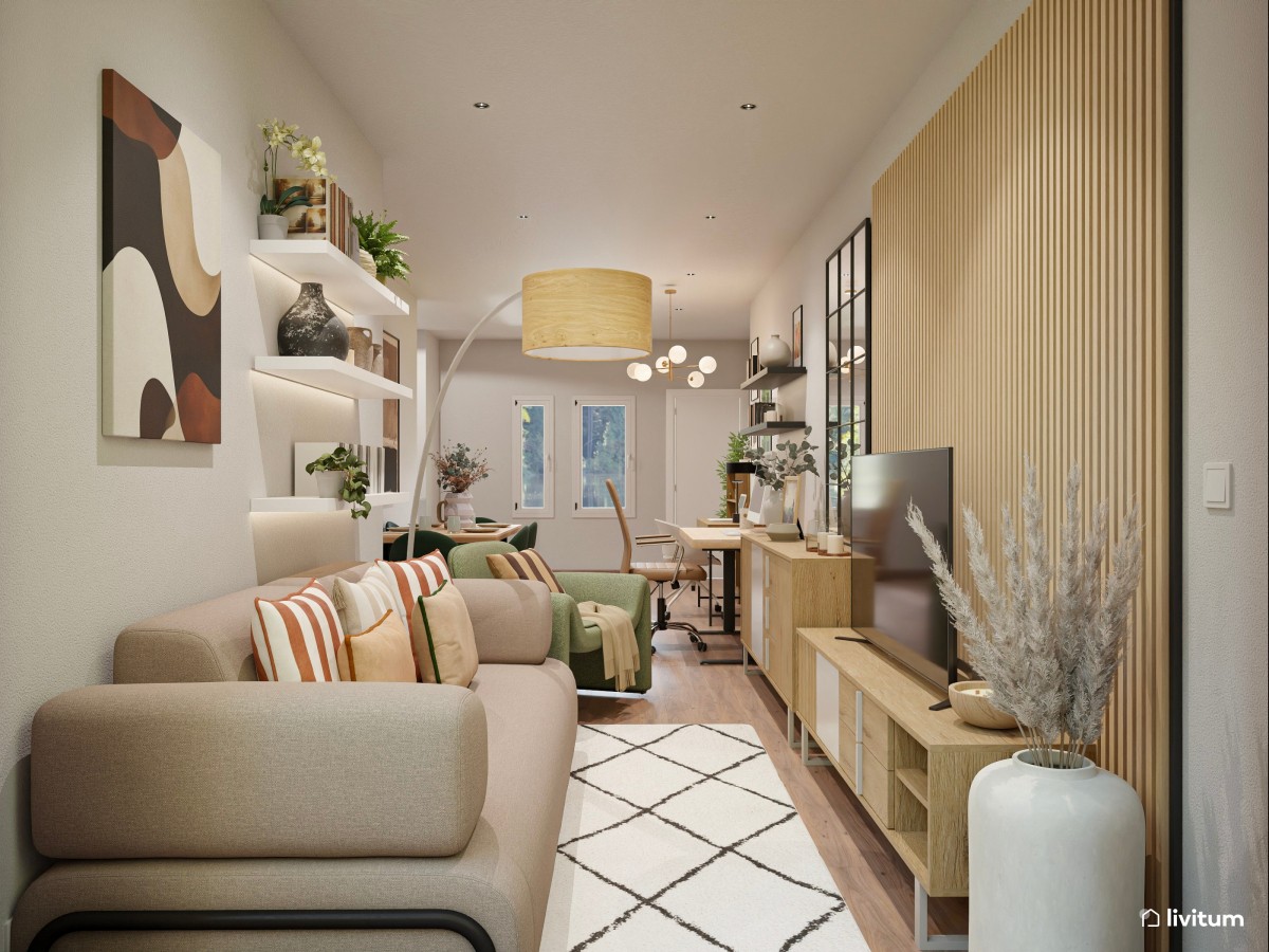 Moderno salón comedor, estrecho y alargado, con zona de escritorio