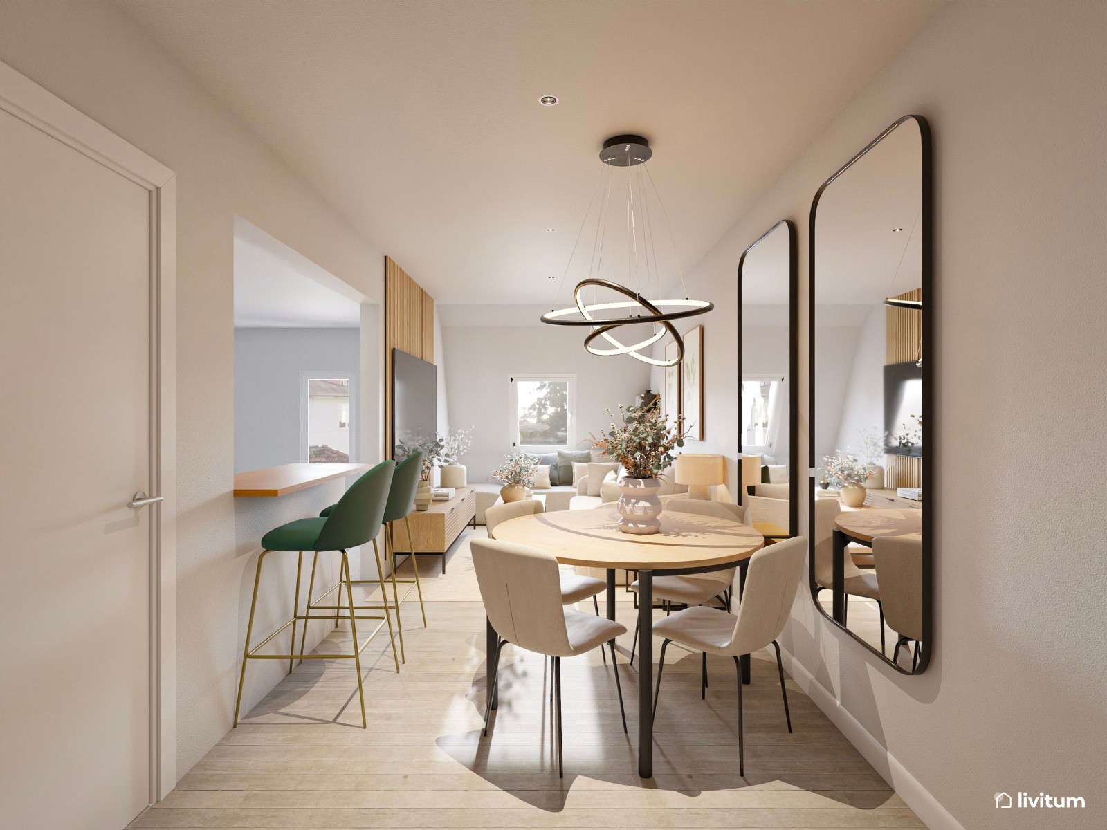Moderno salón comedor pequeño de 16 m² estrecho y alargado con cocina abierta