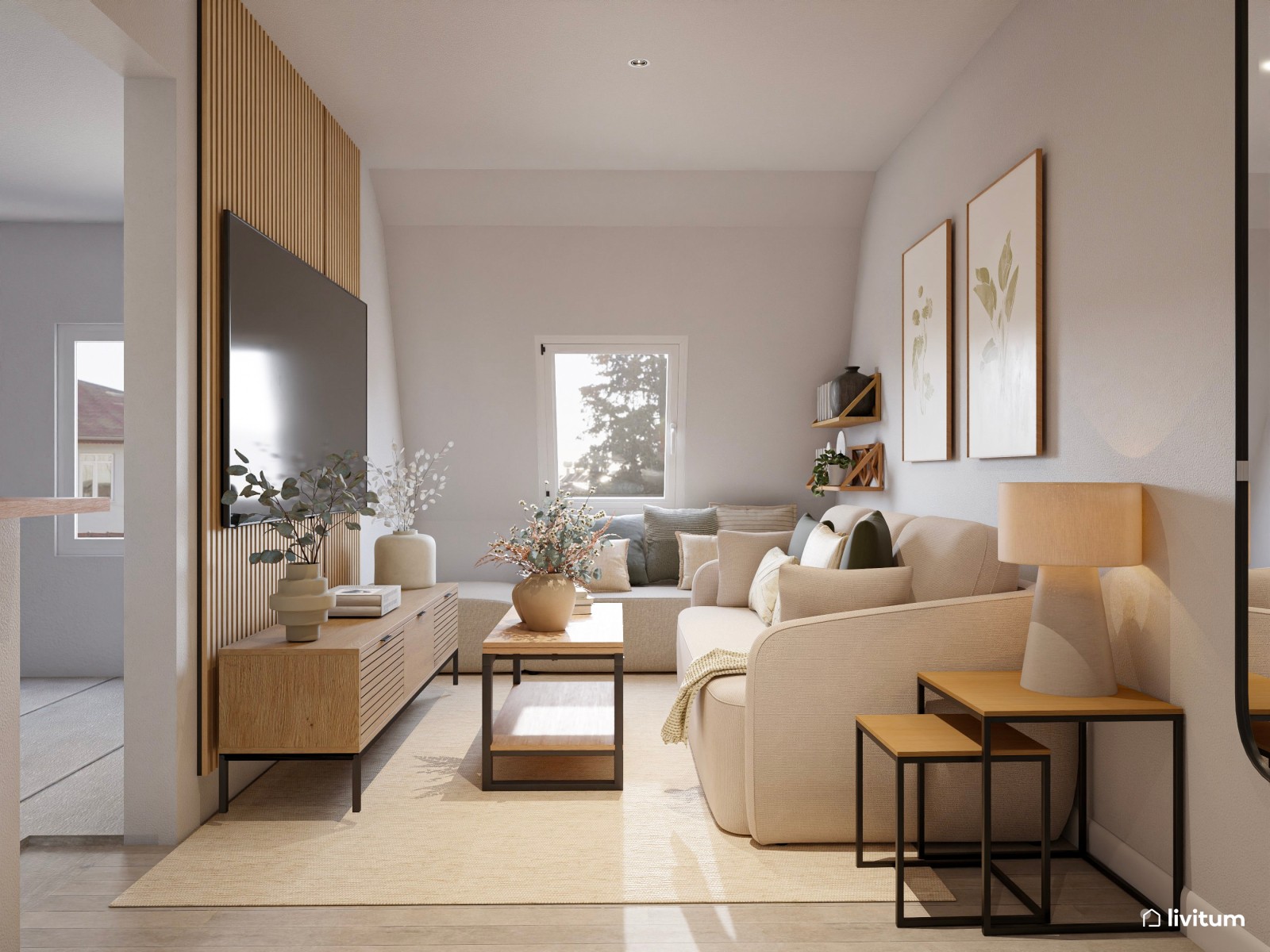 Moderno salón comedor pequeño de 16 m² estrecho y alargado con cocina abierta