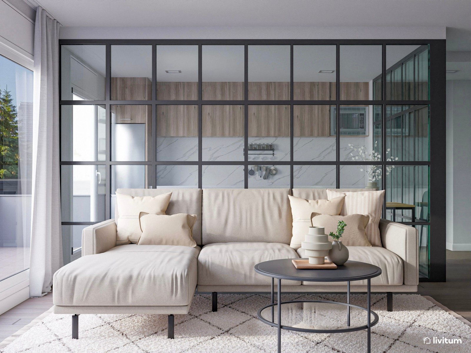 Moderno salón con cocina abierta y pared de cristal con acentos en negro 