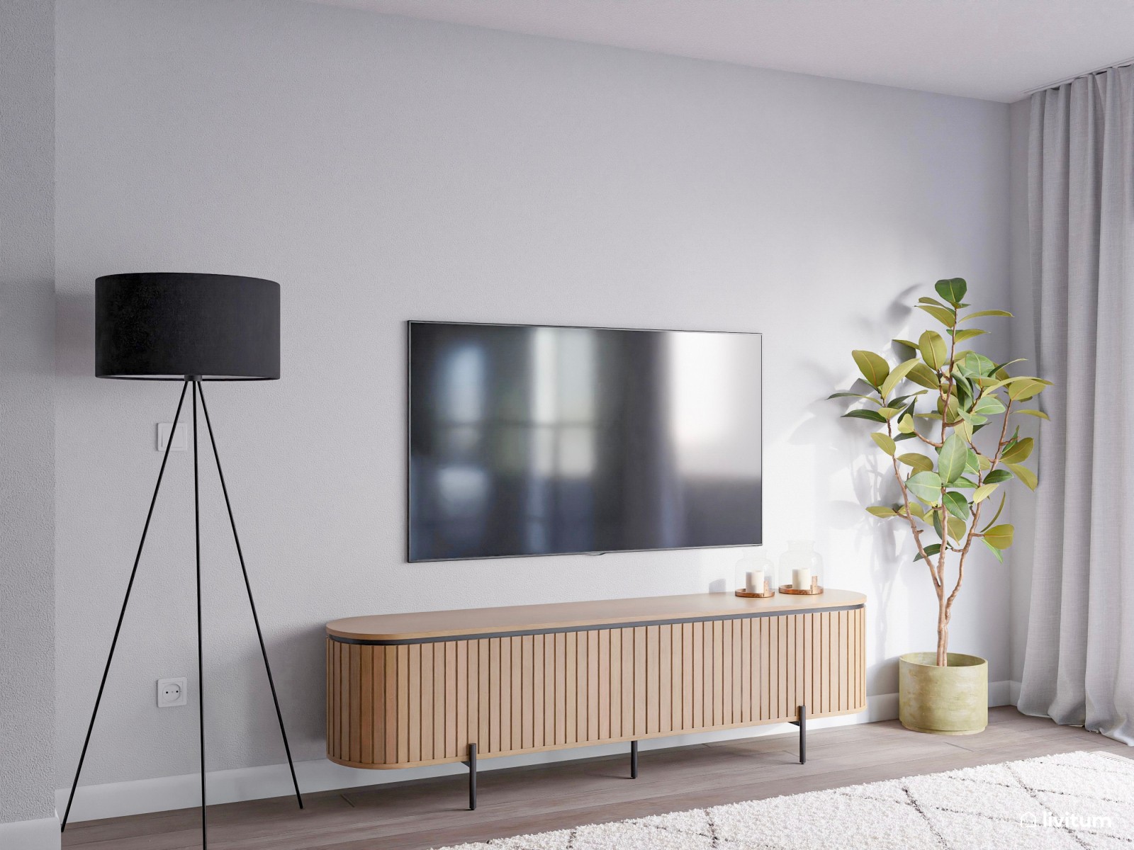 Moderno salón con cocina abierta y pared de cristal con acentos en negro 