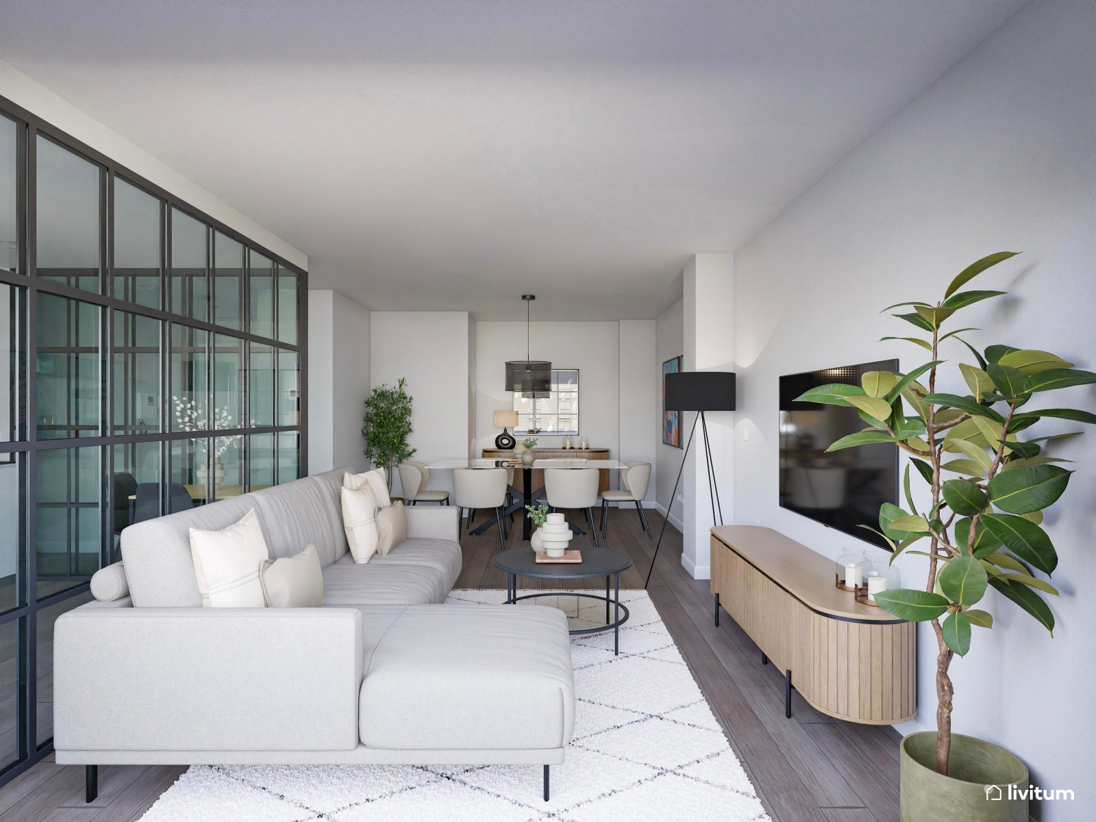 Moderno salón con cocina abierta y pared de cristal con acentos en negro 
