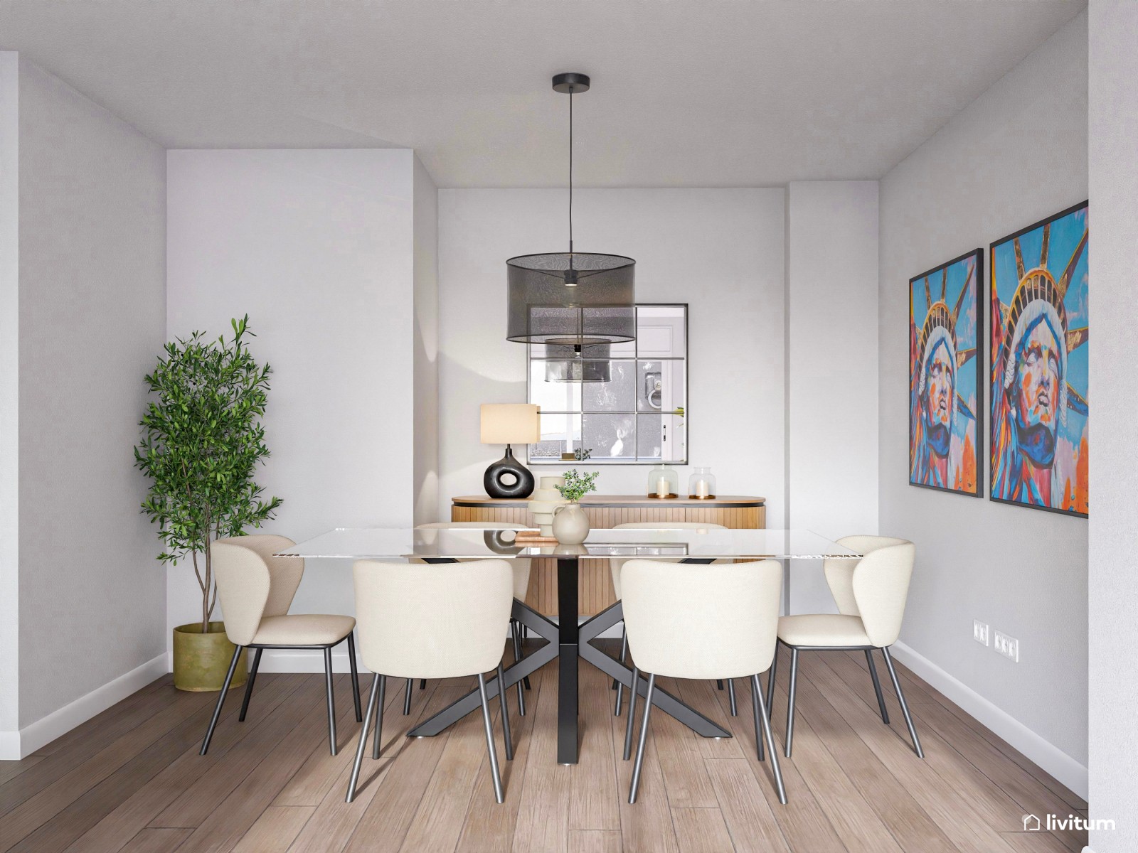 Moderno salón con cocina abierta y pared de cristal con acentos en negro 