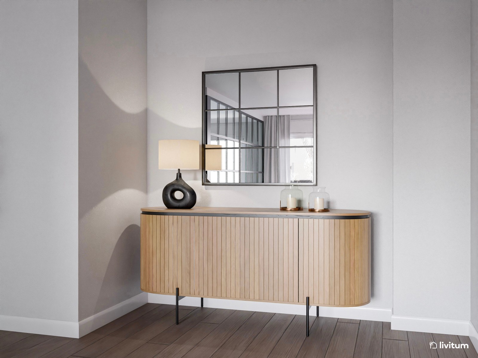Moderno salón con cocina abierta y pared de cristal con acentos en negro 