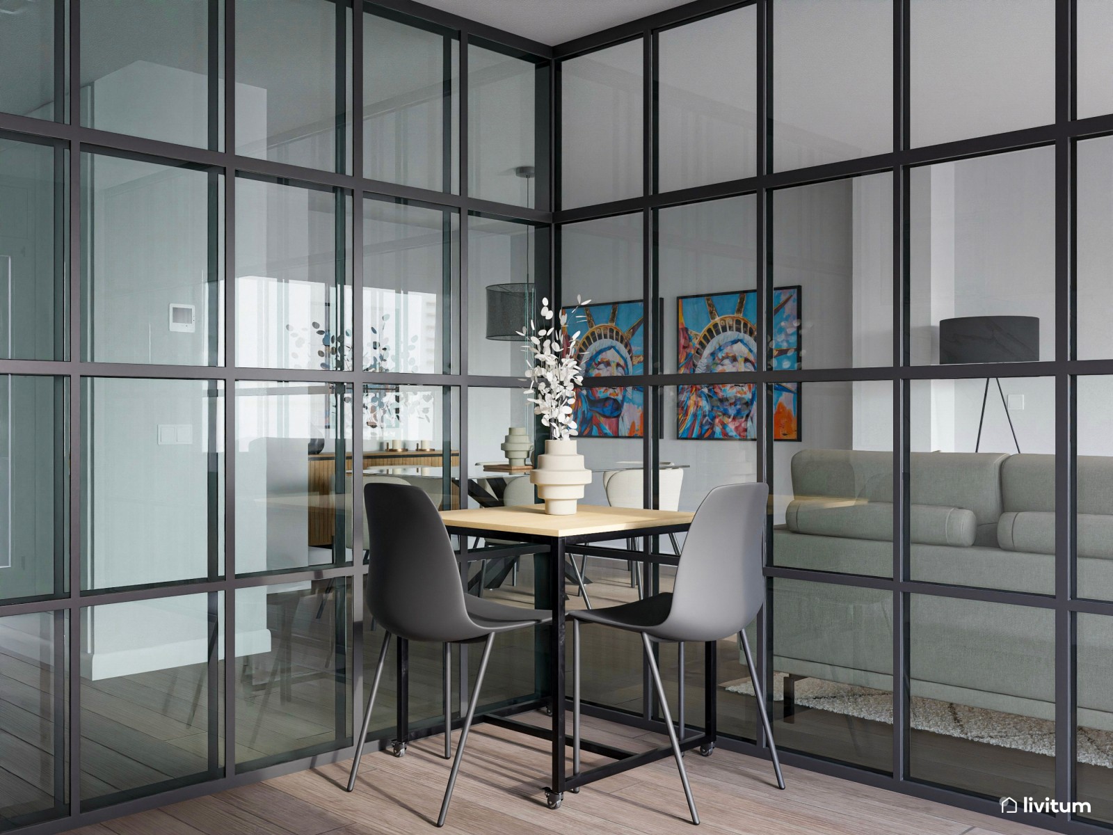 Moderno salón con cocina abierta y pared de cristal con acentos en negro 