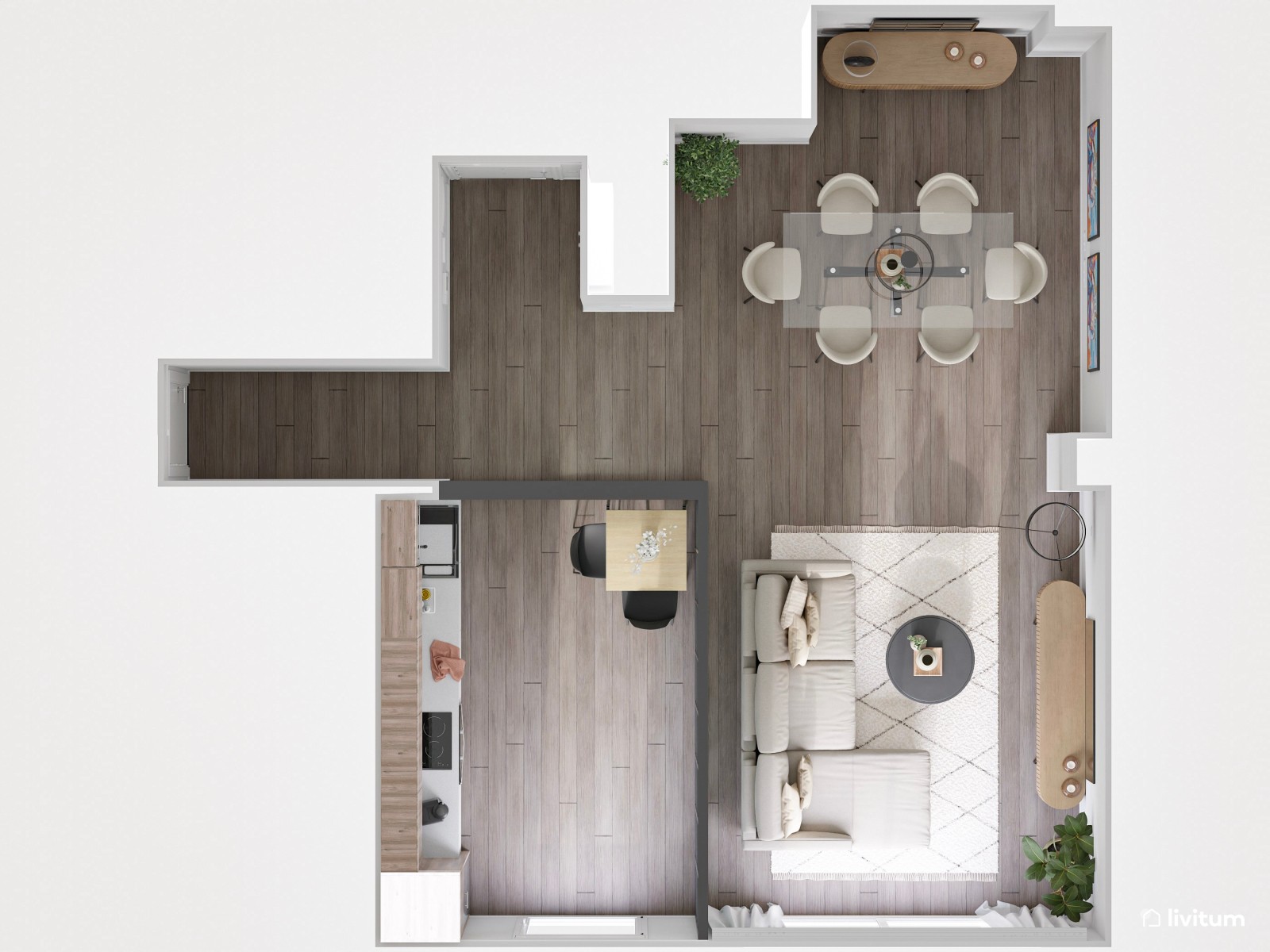 Moderno salón con cocina abierta y pared de cristal con acentos en negro 