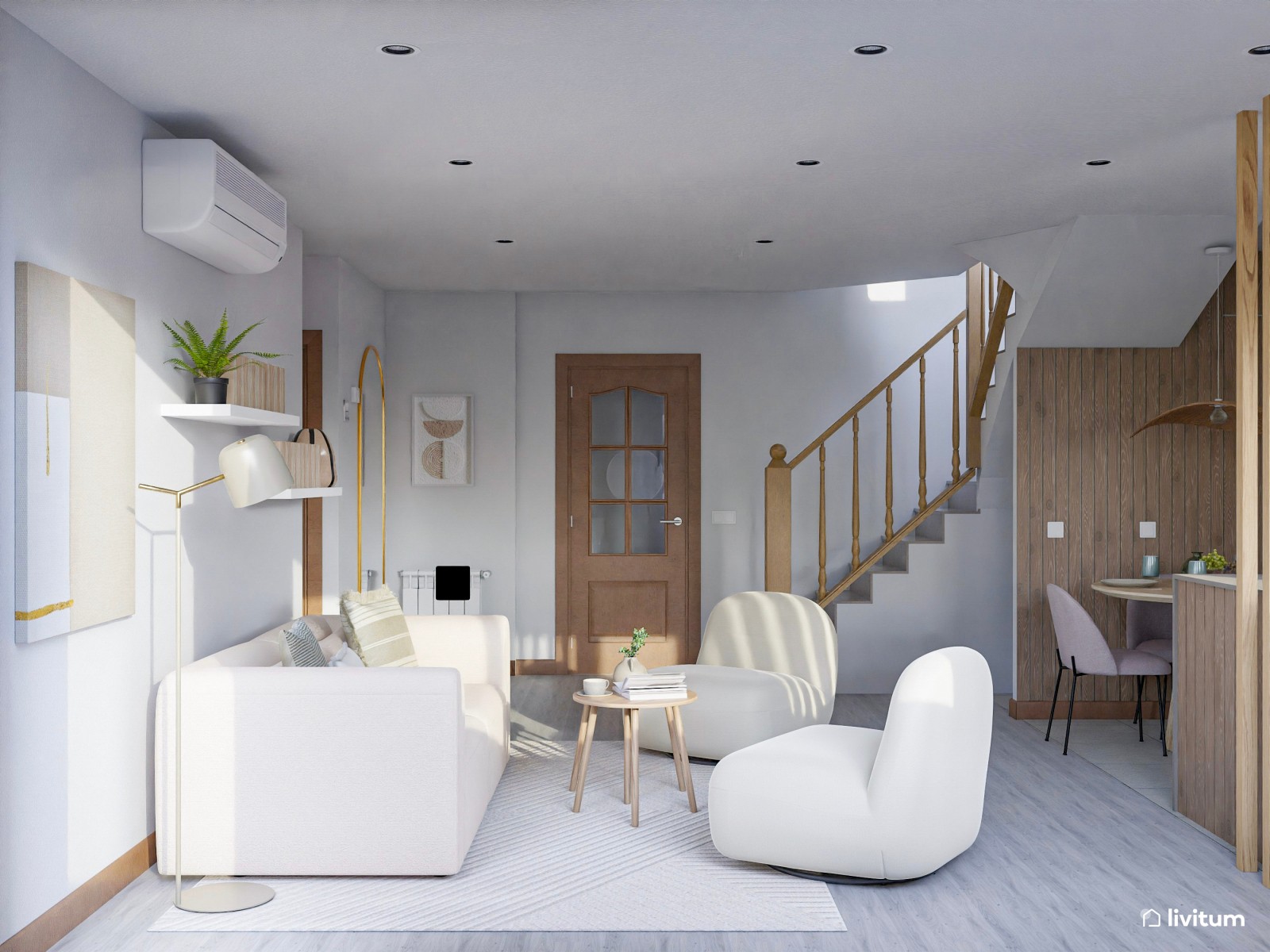 Moderno salón con comedor en gris con comedor con mucha madera