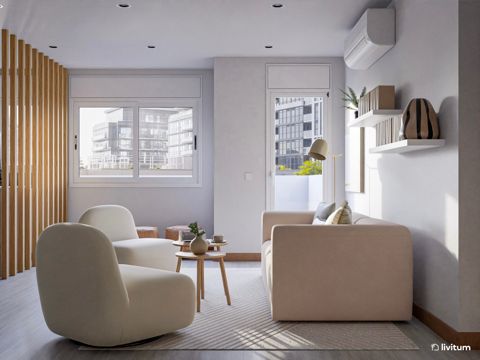 Moderno salón con comedor en gris con comedor con mucha madera
