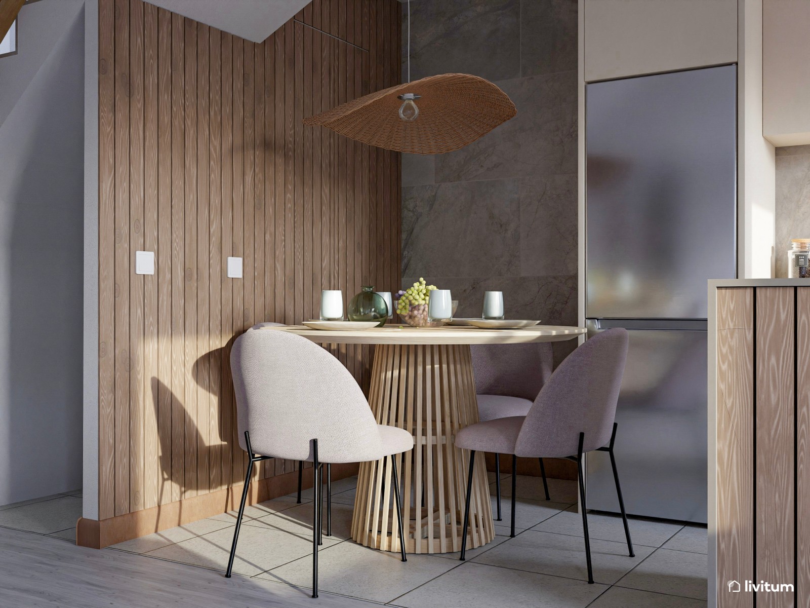 Moderno salón con comedor en gris con comedor con mucha madera