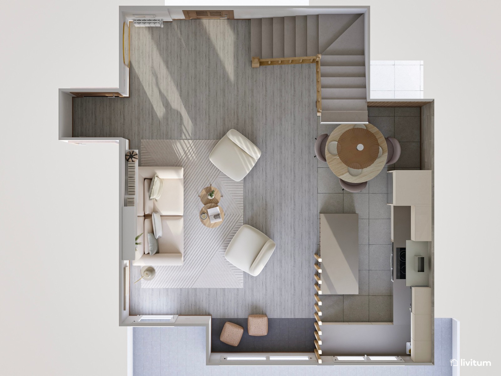 Moderno salón con comedor en gris con comedor con mucha madera
