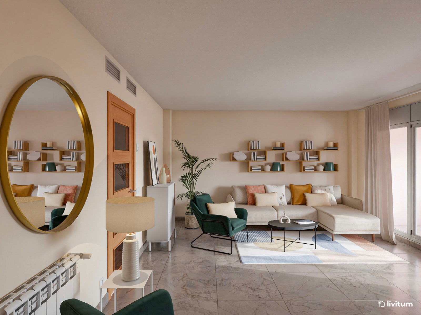Moderno salón con estética ecléctica y butacas en verde