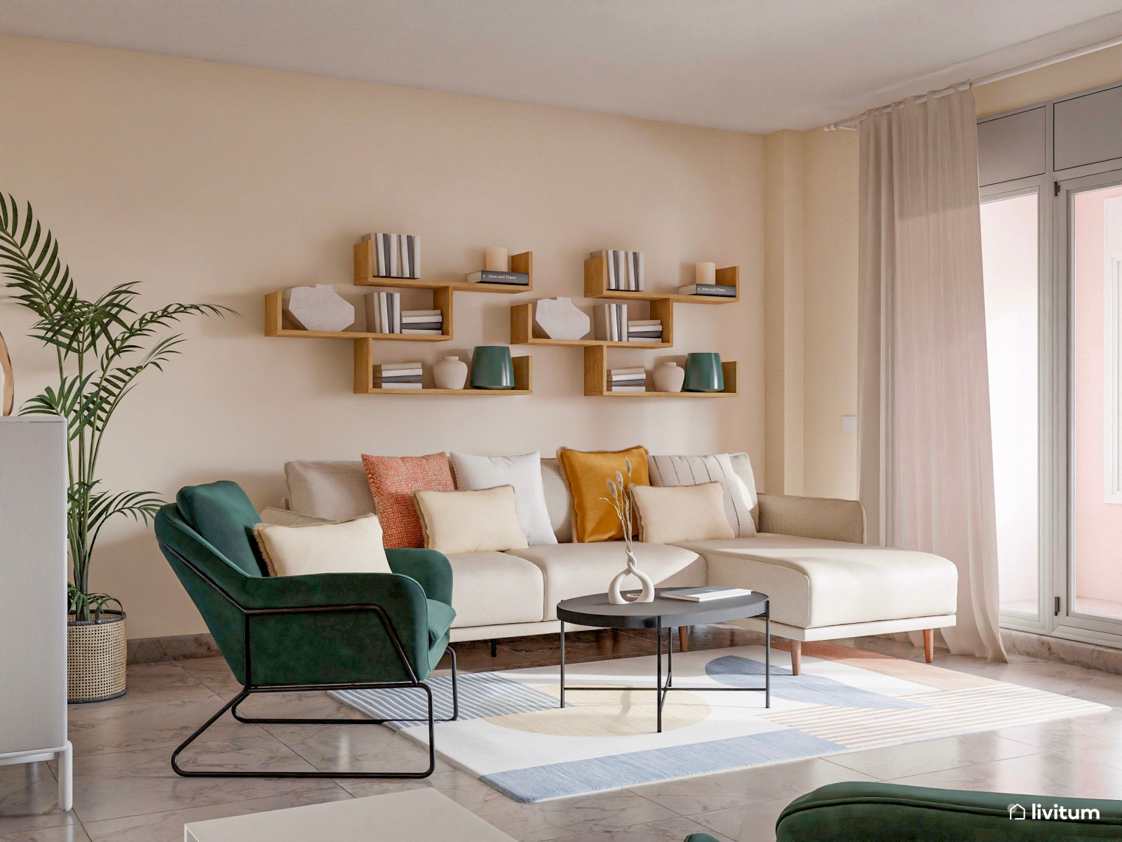 Moderno salón con estética ecléctica y butacas en verde