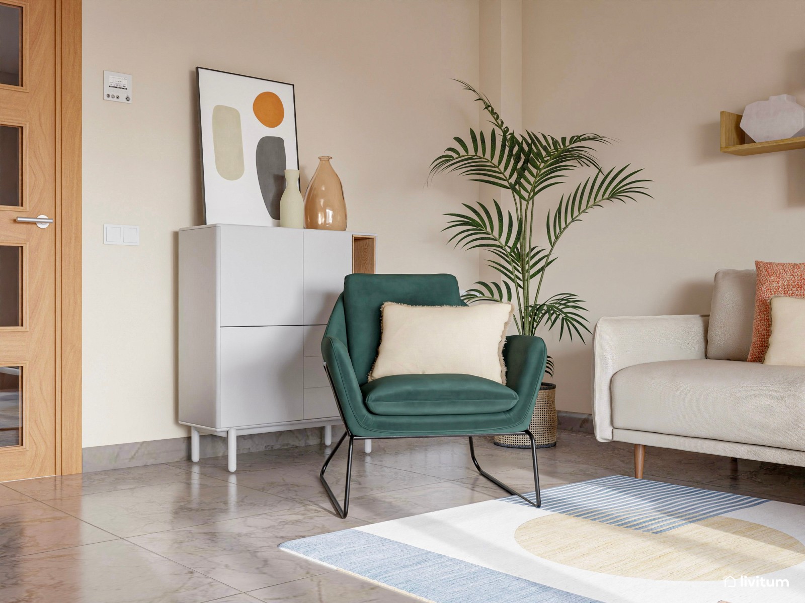 Moderno salón con estética ecléctica y butacas en verde