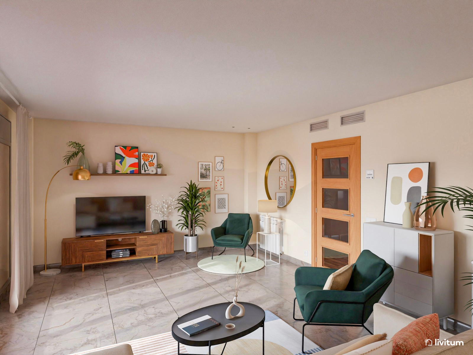 Moderno salón con estética ecléctica y butacas en verde