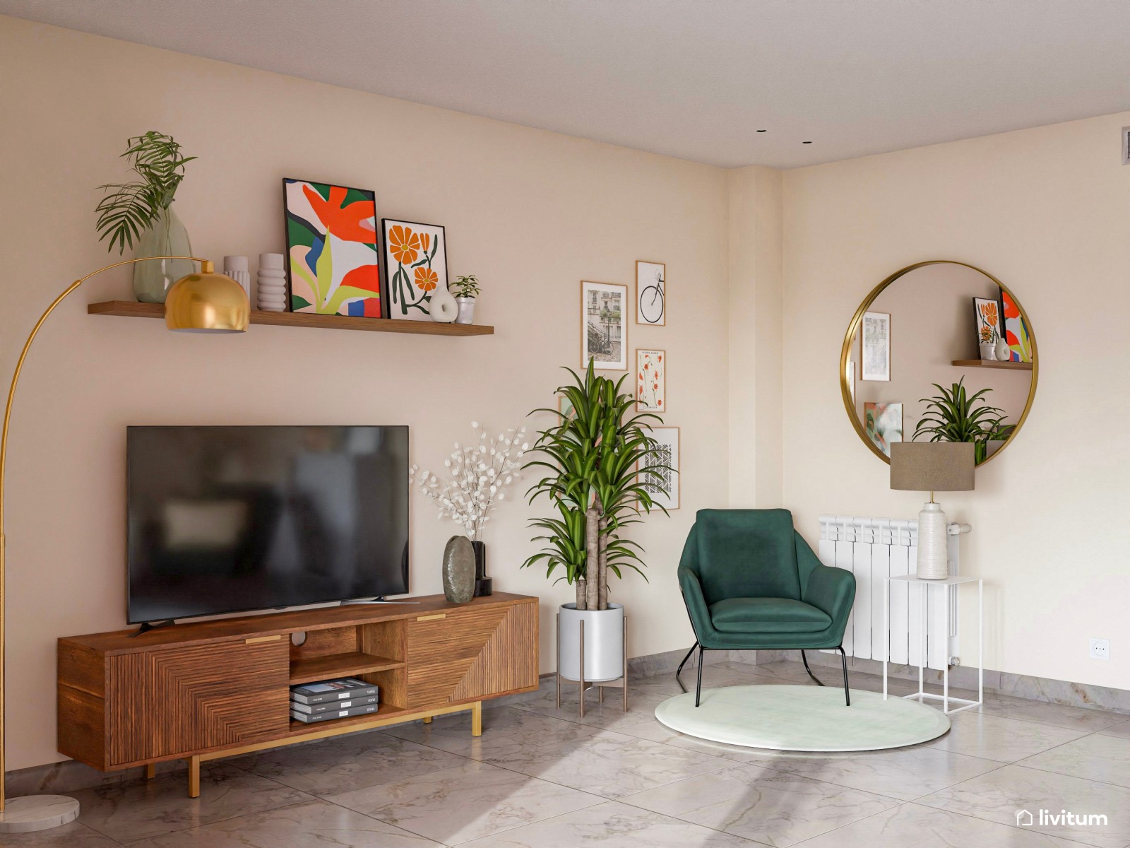 Moderno salón con estética ecléctica y butacas en verde
