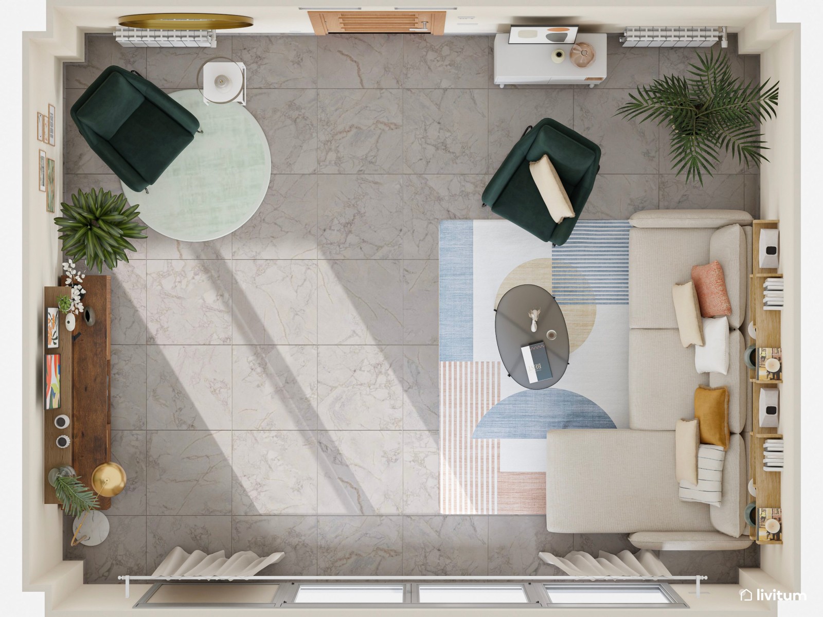 Moderno salón con estética ecléctica y butacas en verde