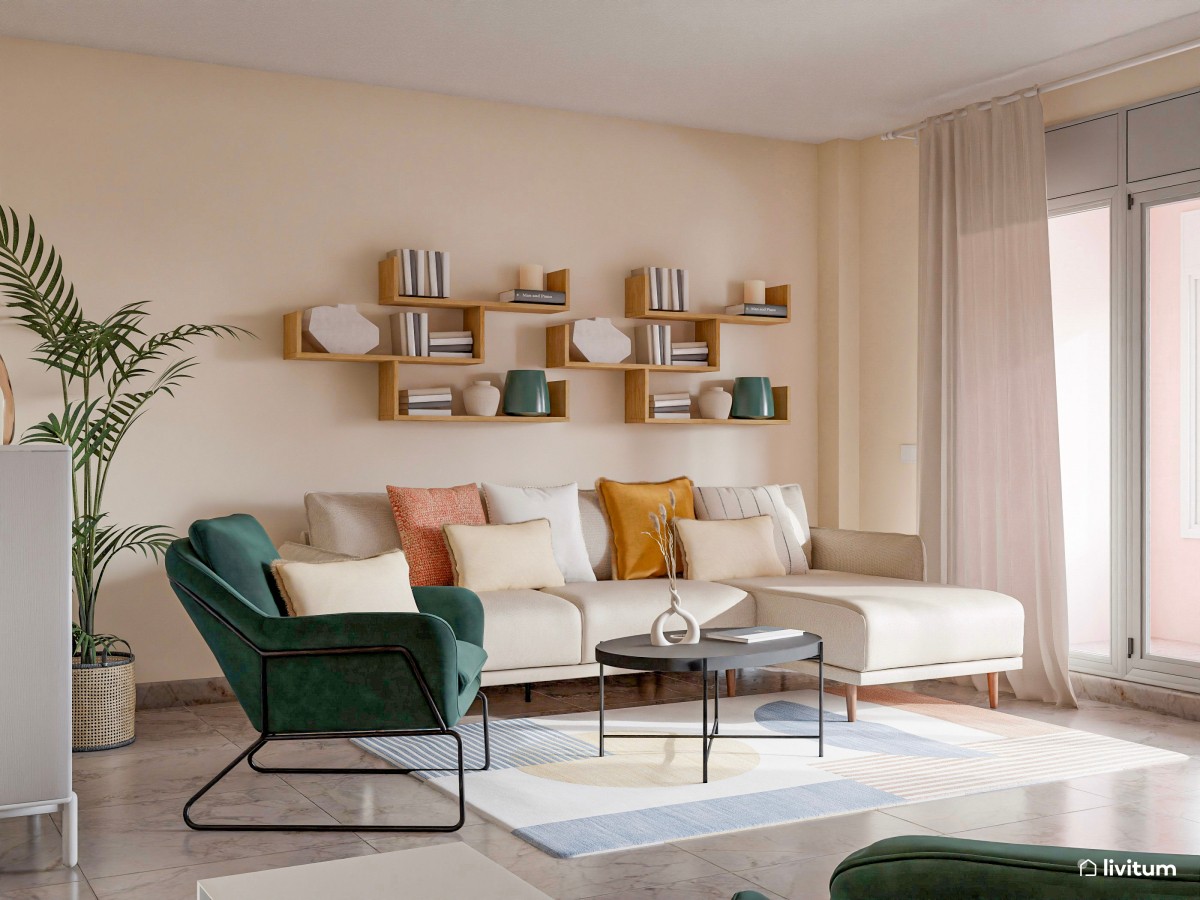 Moderno salón con estética ecléctica y butacas en verde