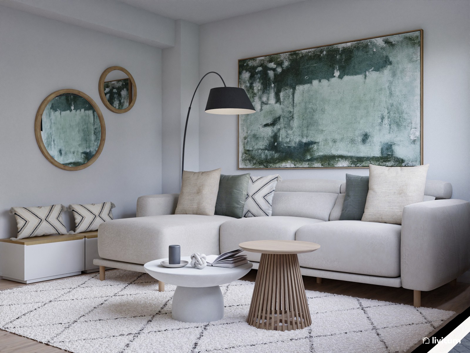 Moderno salón de 15 m² con impresionante obra abstracta XXL