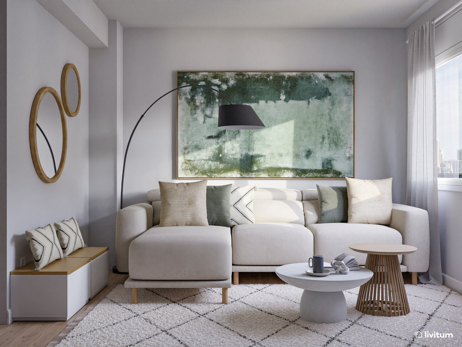 Moderno salón de 15 m² con impresionante obra abstracta XXL