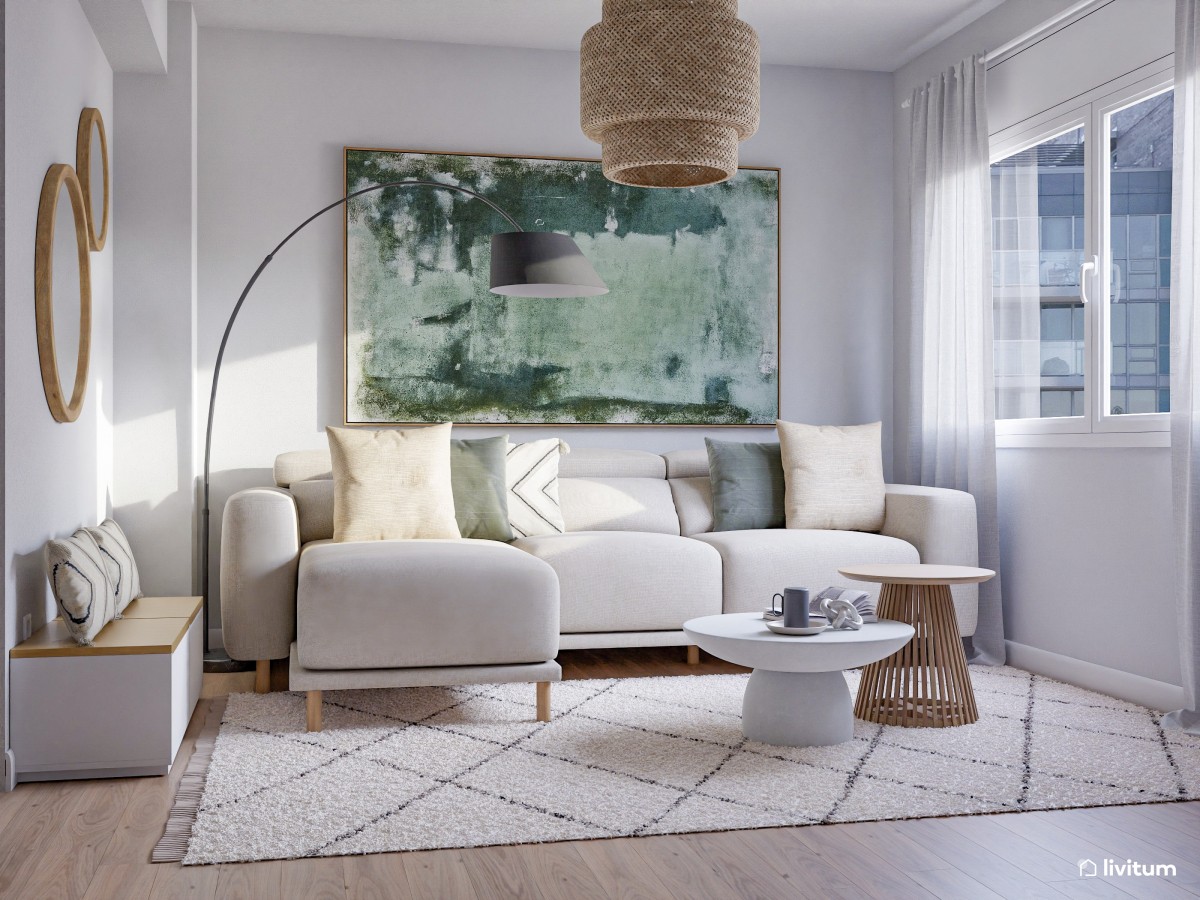Moderno salón de 15 m² con impresionante obra abstracta XXL