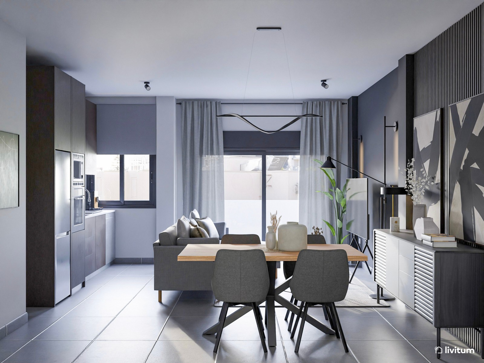 Moderno salón en escala de grises y luces cálidas