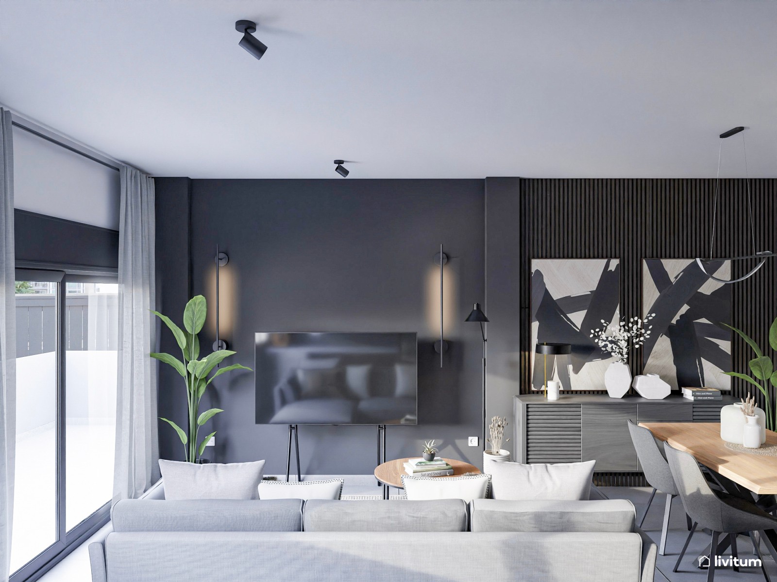 Moderno salón en escala de grises y luces cálidas