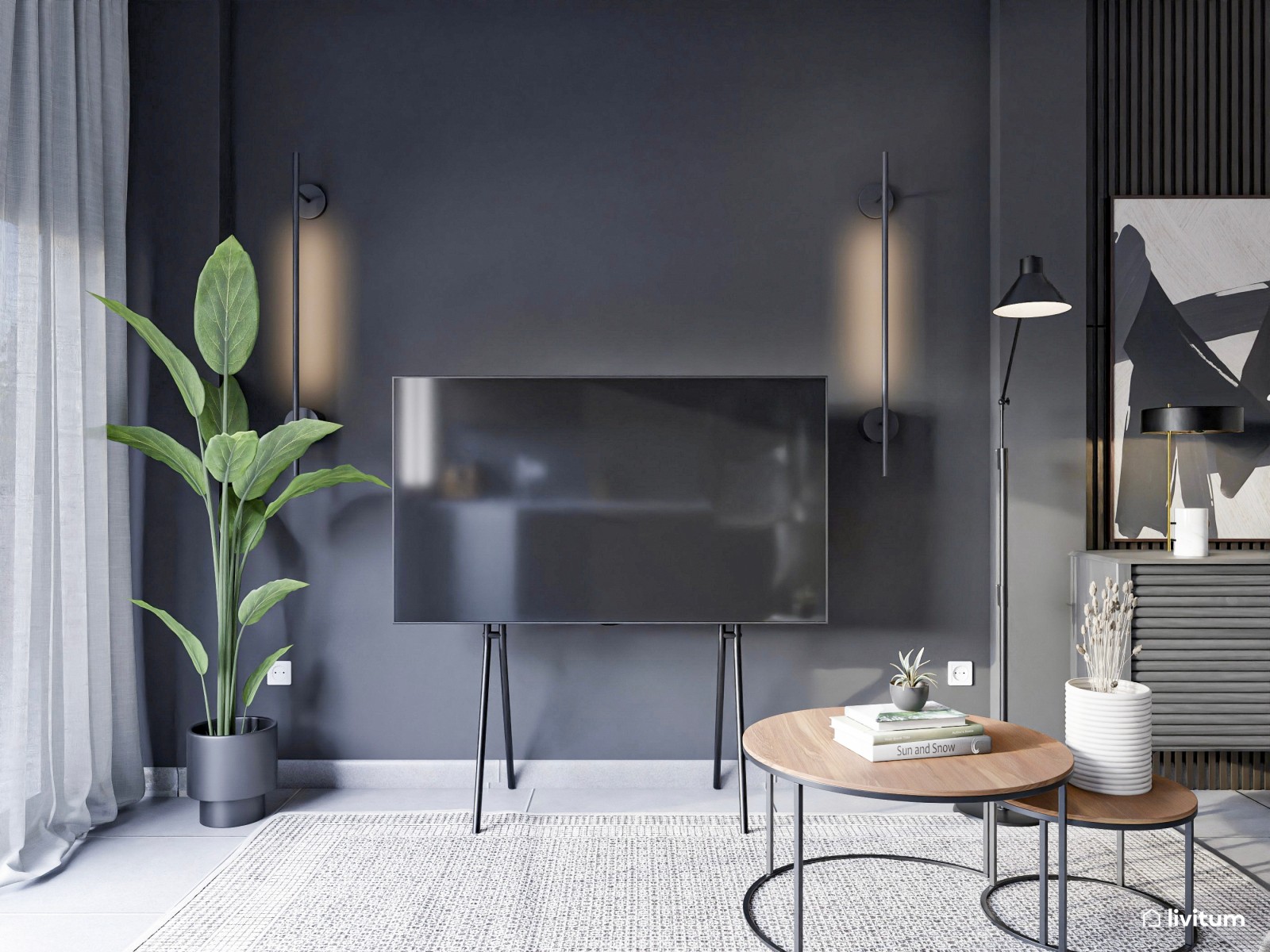 Moderno salón en escala de grises y luces cálidas