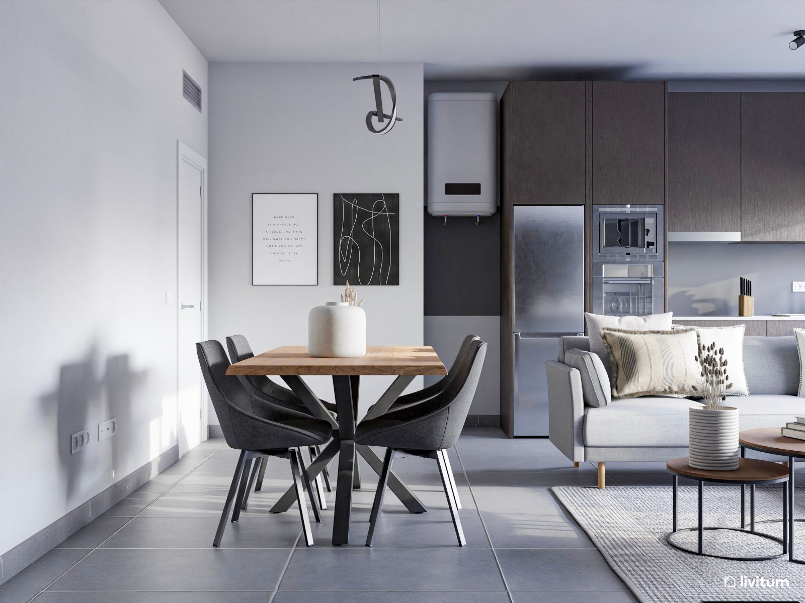 Moderno salón en escala de grises y luces cálidas