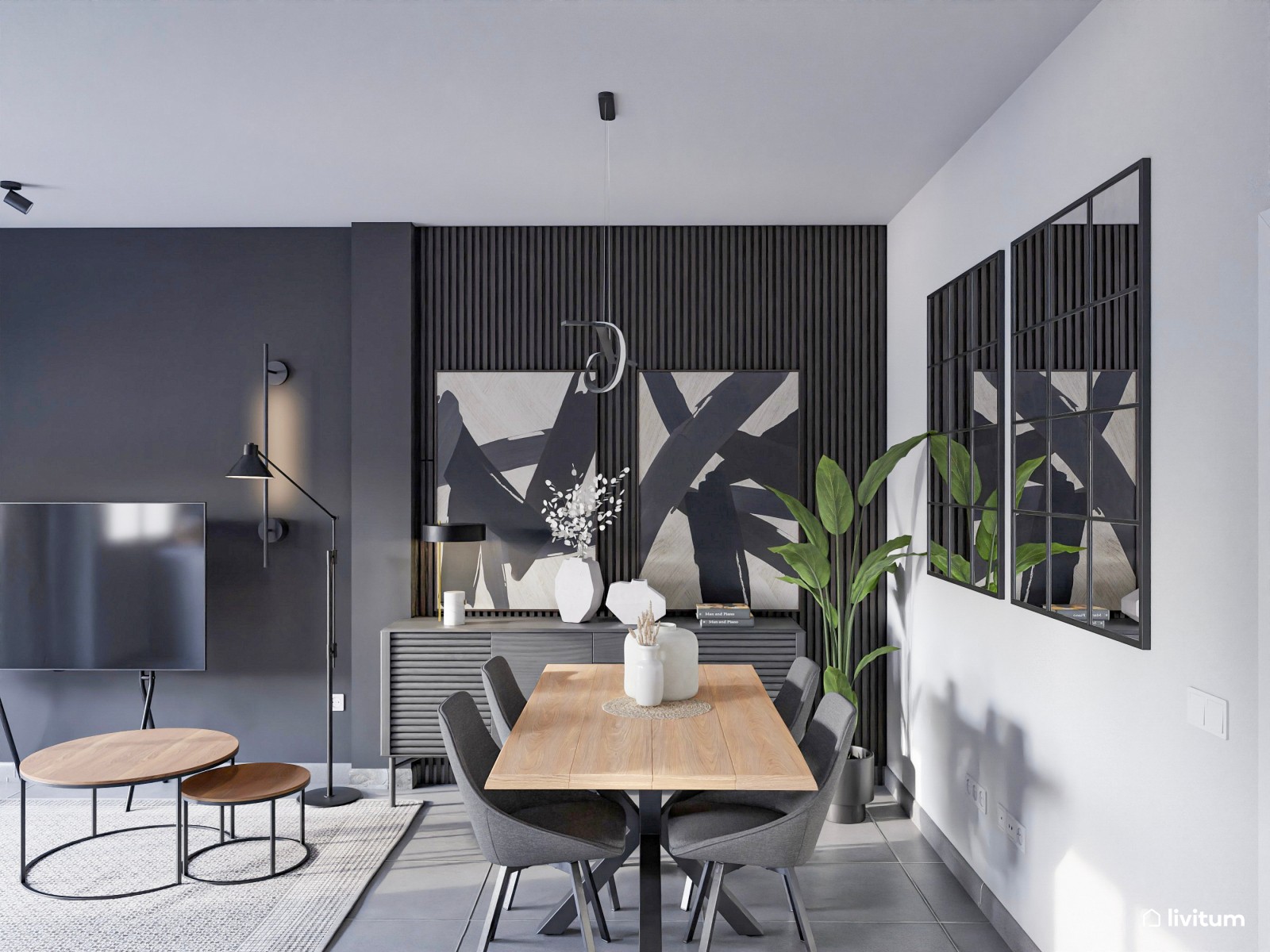 Moderno salón en escala de grises y luces cálidas