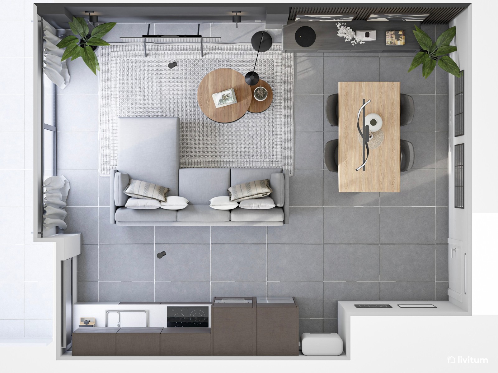 Moderno salón en escala de grises y luces cálidas