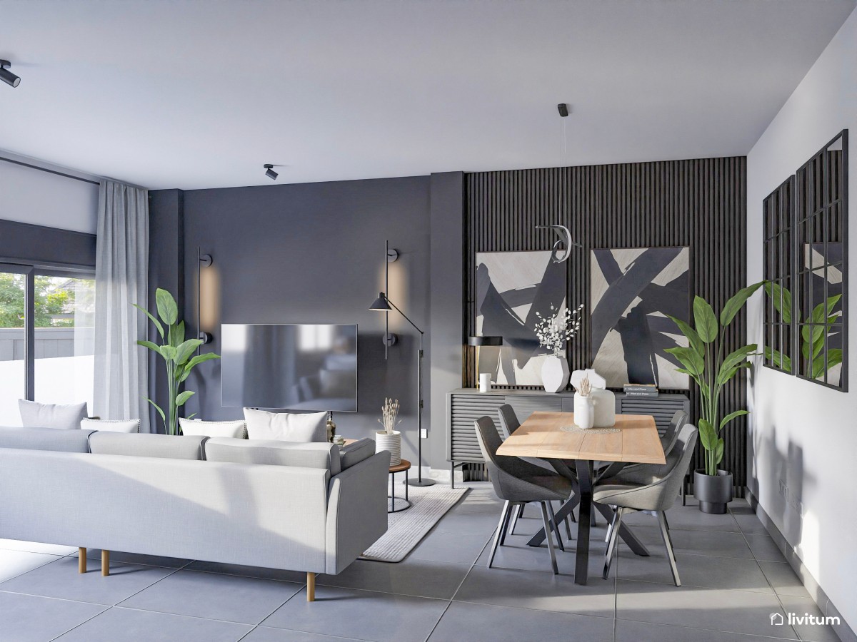 Moderno salón en escala de grises y luces cálidas