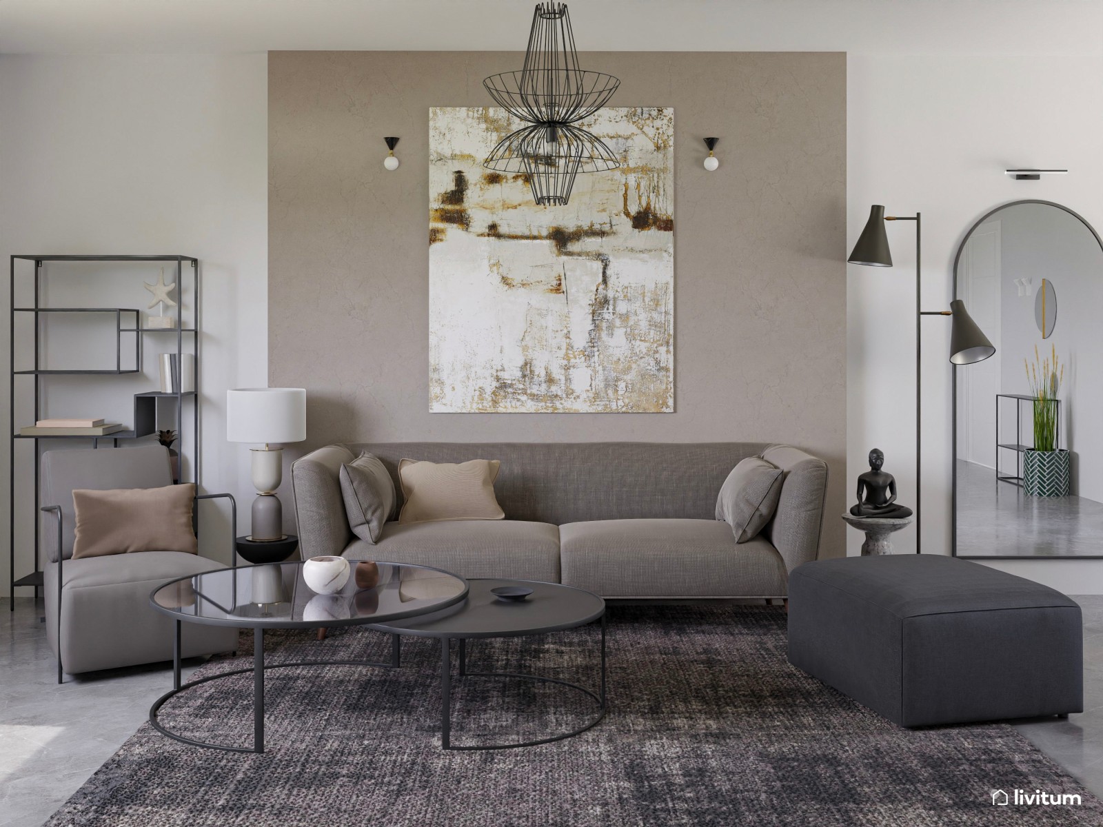 Moderno salón en gris y con metales negros 