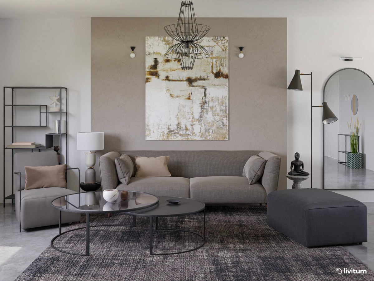 Moderno salón en gris y con metales negros