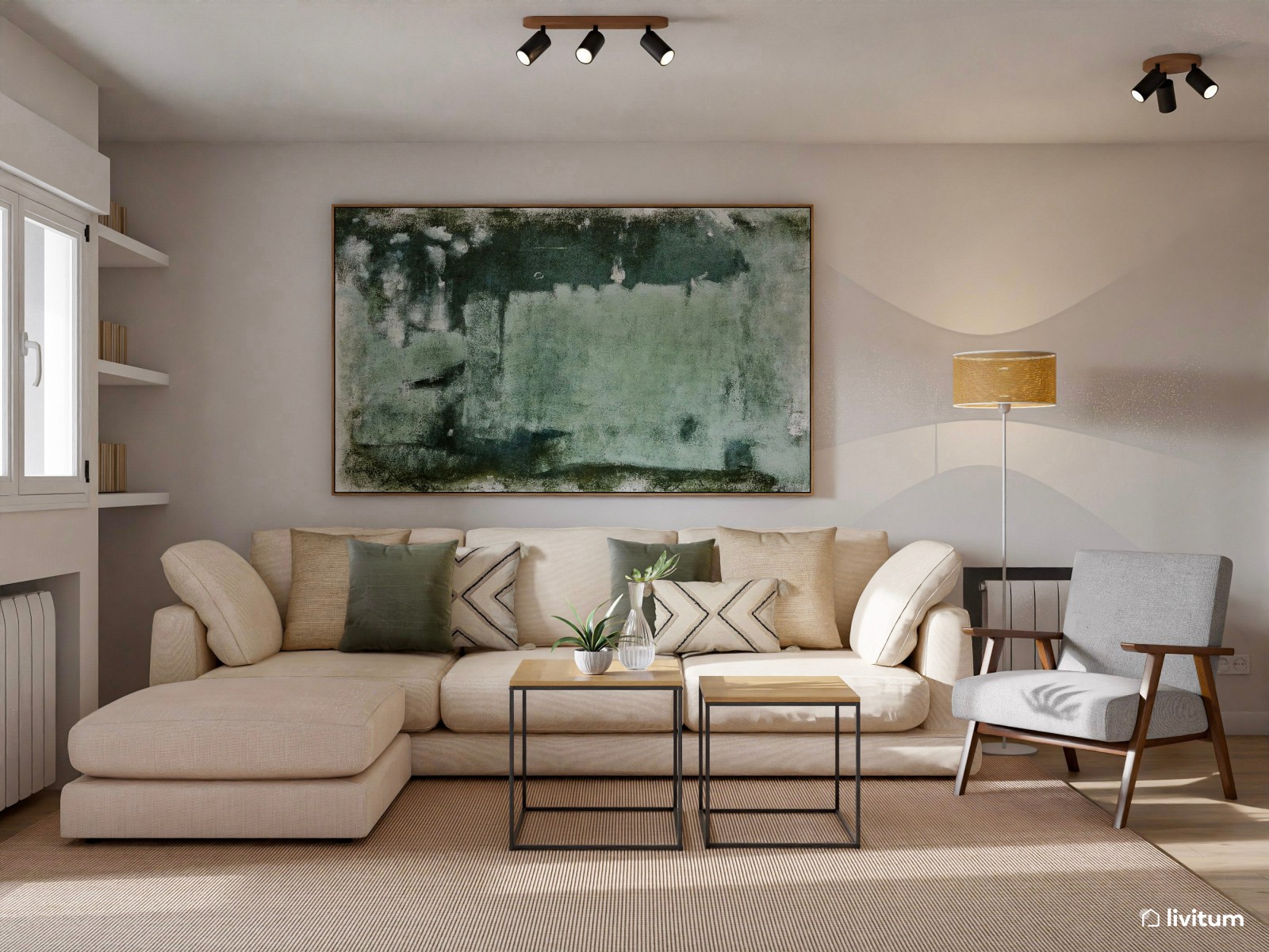 Moderno salón en madera y verde con impresionante estantería