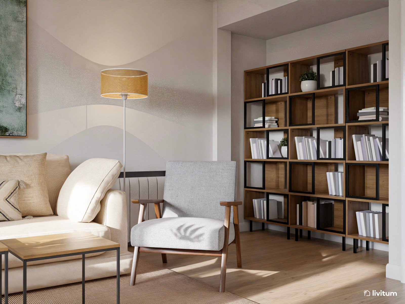 Moderno salón en madera y verde con impresionante estantería