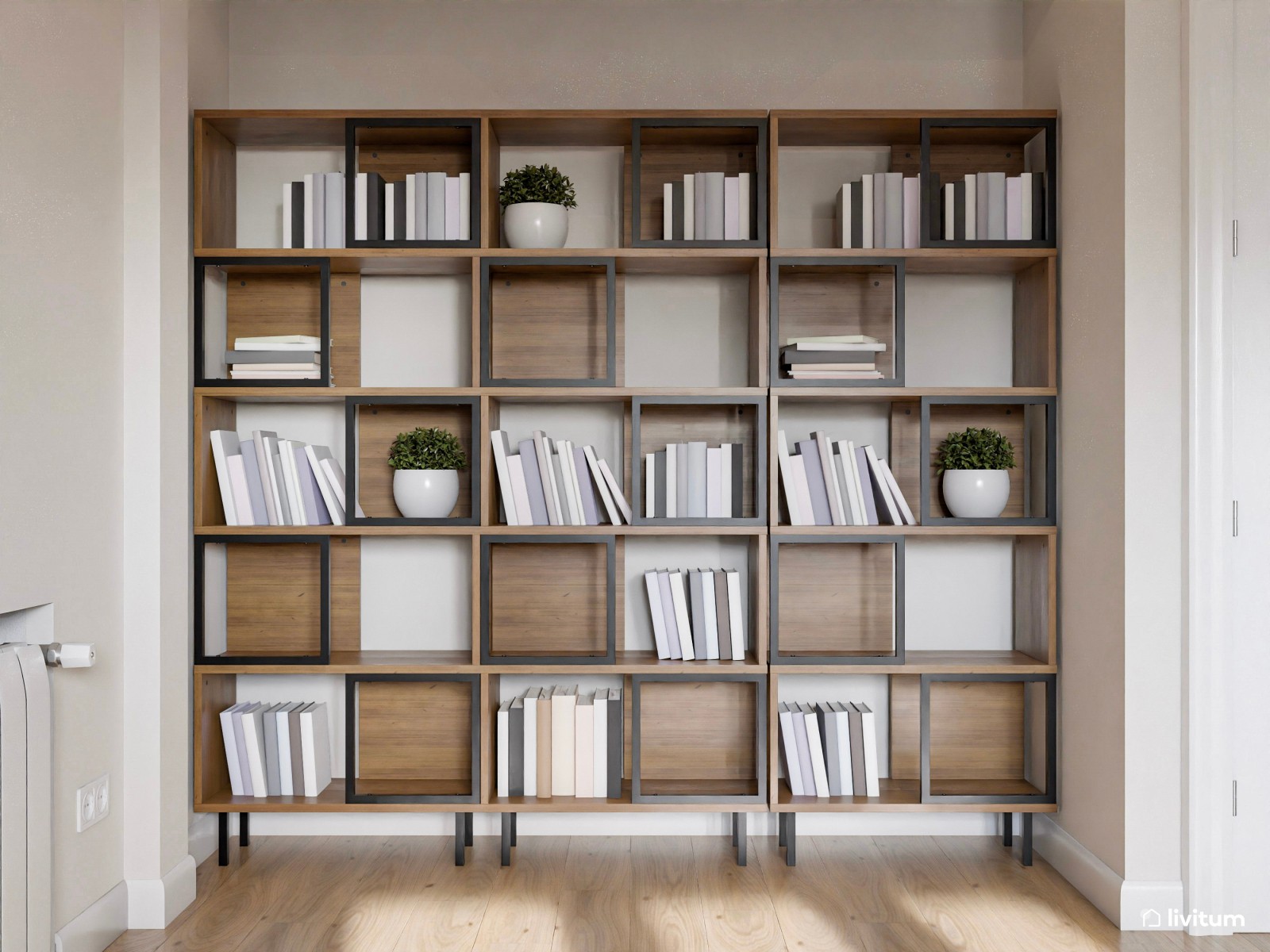 Moderno salón en madera y verde con impresionante estantería
