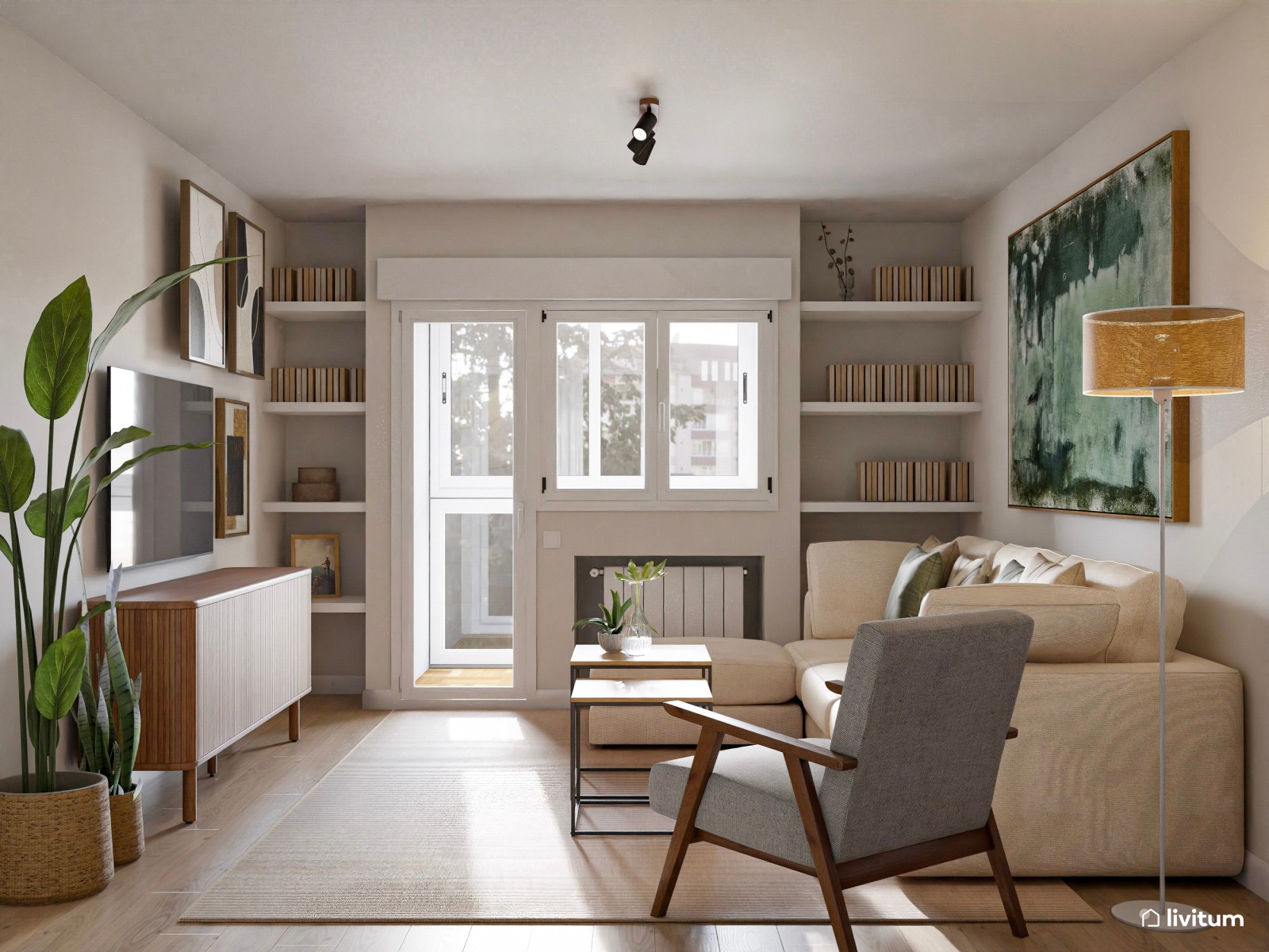 Moderno salón en madera y verde con impresionante estantería