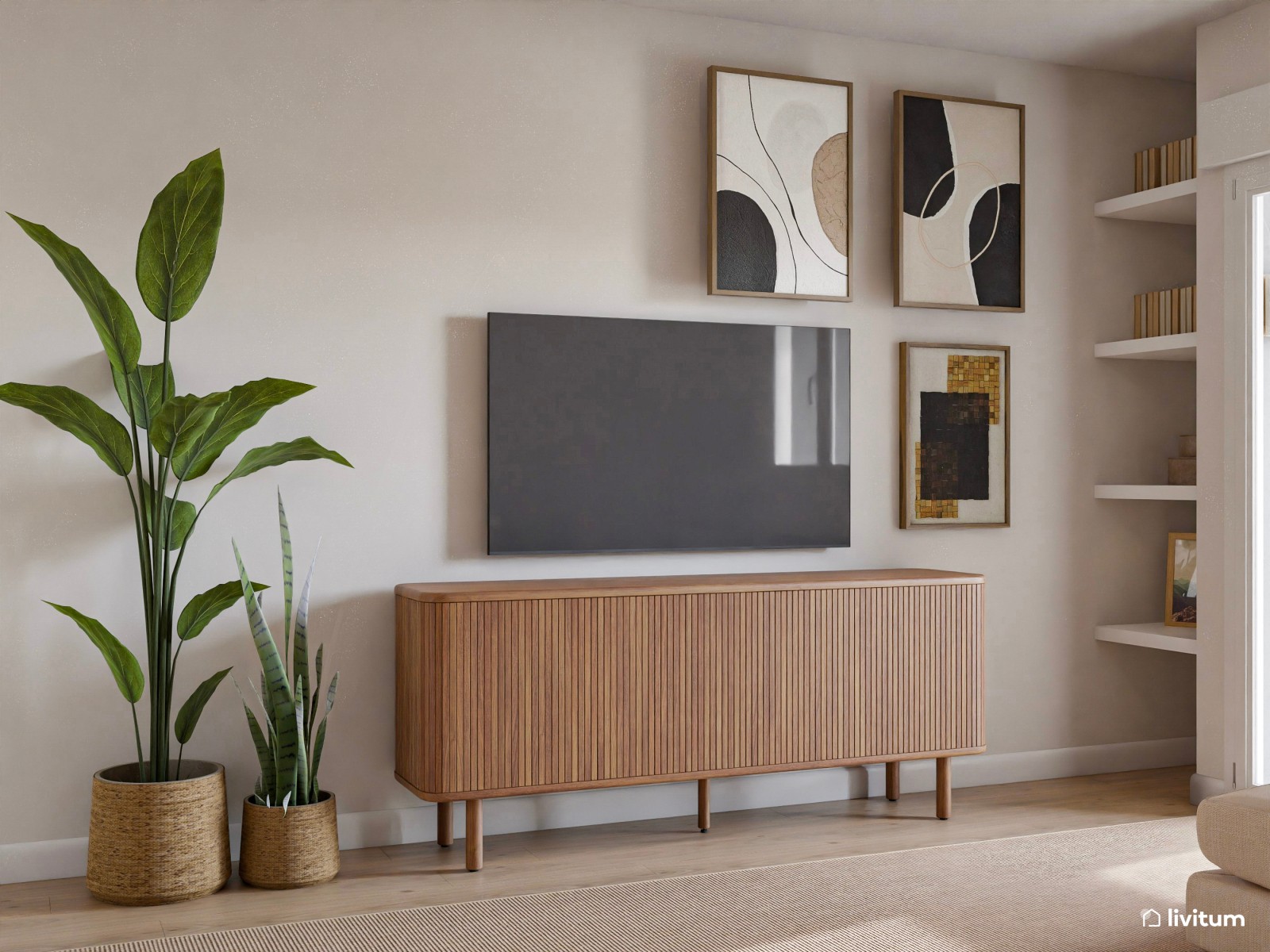 Moderno salón en madera y verde con impresionante estantería