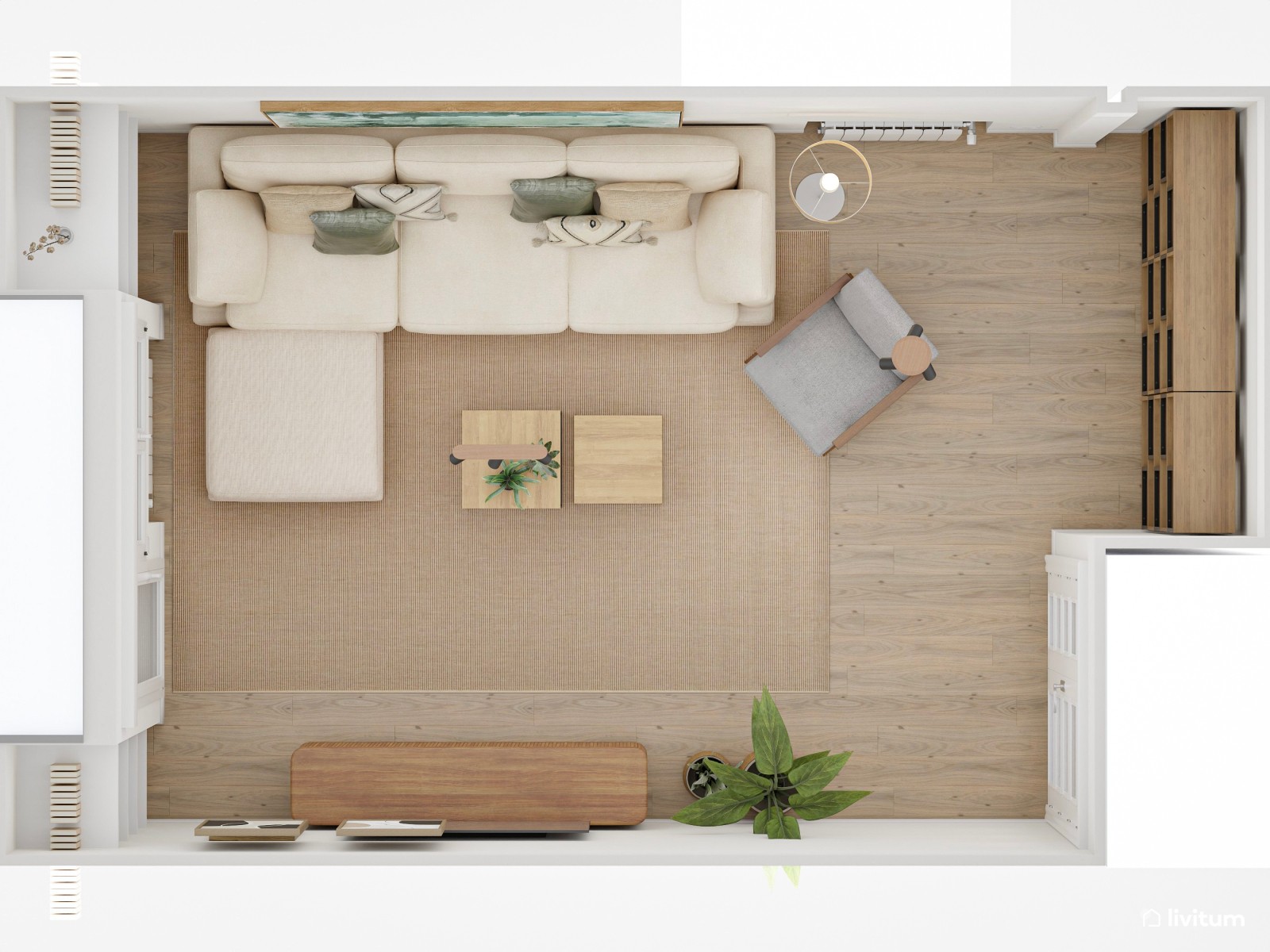 Moderno salón en madera y verde con impresionante estantería