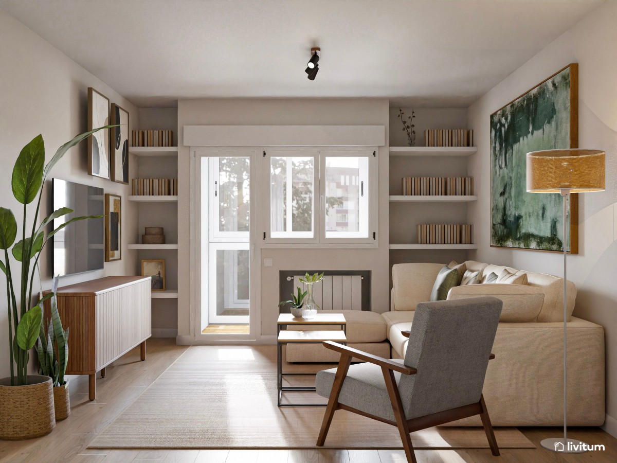 Moderno salón en madera y verde con impresionante estantería