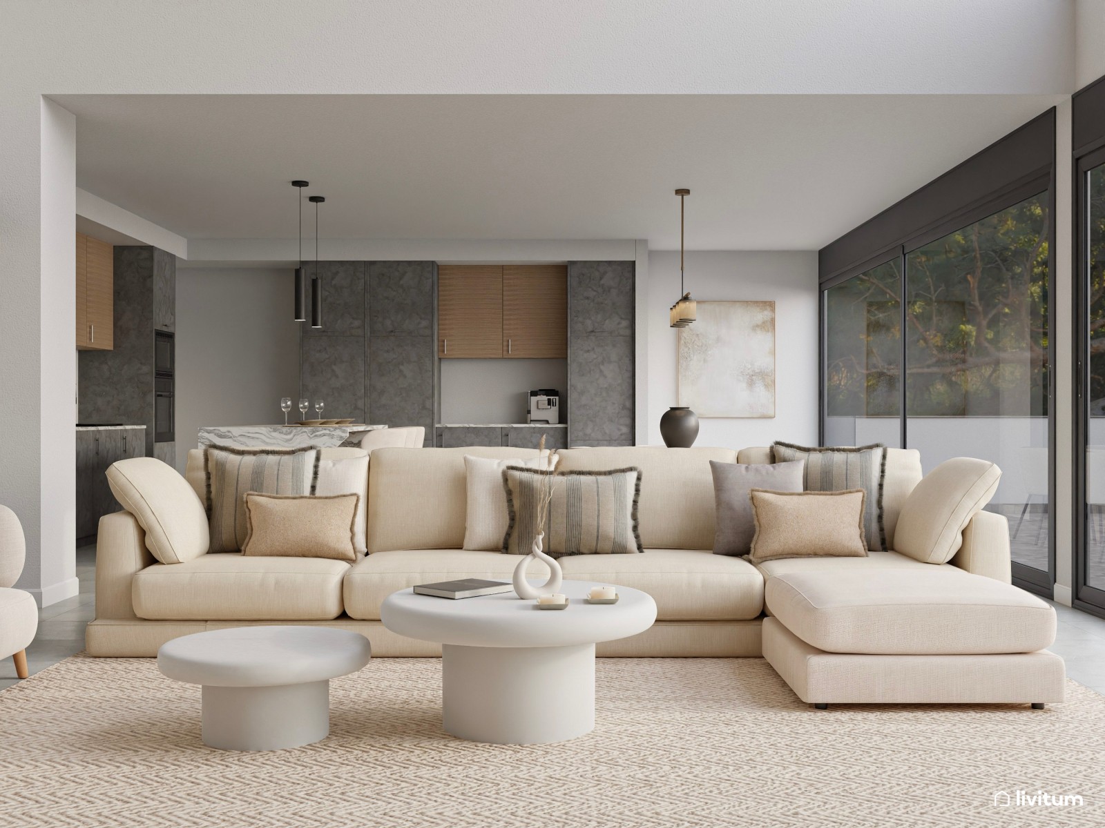 Moderno salón minimalista cálido con toques industriales